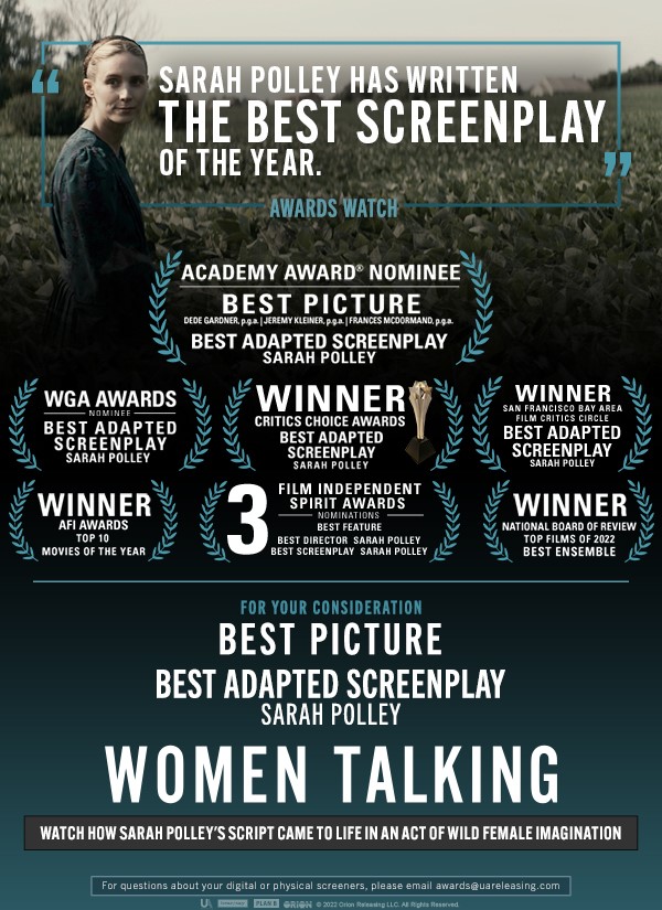 FYC: Sarah Polley’s WOMEN TALKING Nominated for BEST PICTURE & ADAPTED SCREENPLAY