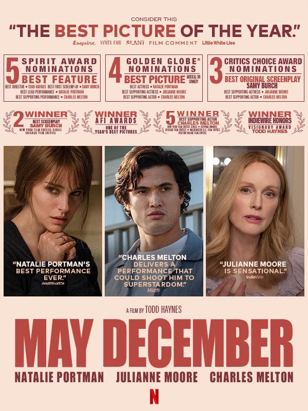 May December is a “Superbly Acted Tour de Force” with a “Sharply Layered Screenplay” (LA Times) | FYC in Best Picture + Best Original Screenplay