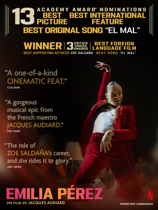Watch Zoe Saldaña Perform Oscar® Nominated Song “EL MAL” from EMILIA PÉREZ | Best Supporting Actress & Best Original Song Winner – Critics Choice & Golden Globes®