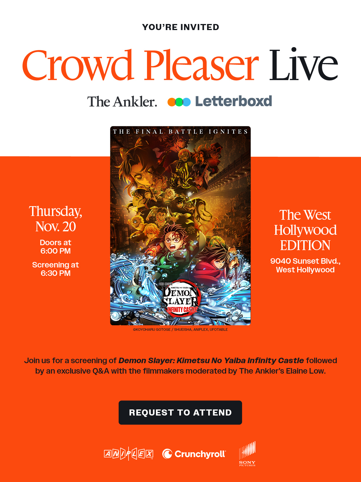 You’re Invited to Crowd Pleaser LIVE “Demon Slayer: Kimetsu No Yaiba Infinity Castle” 11.20