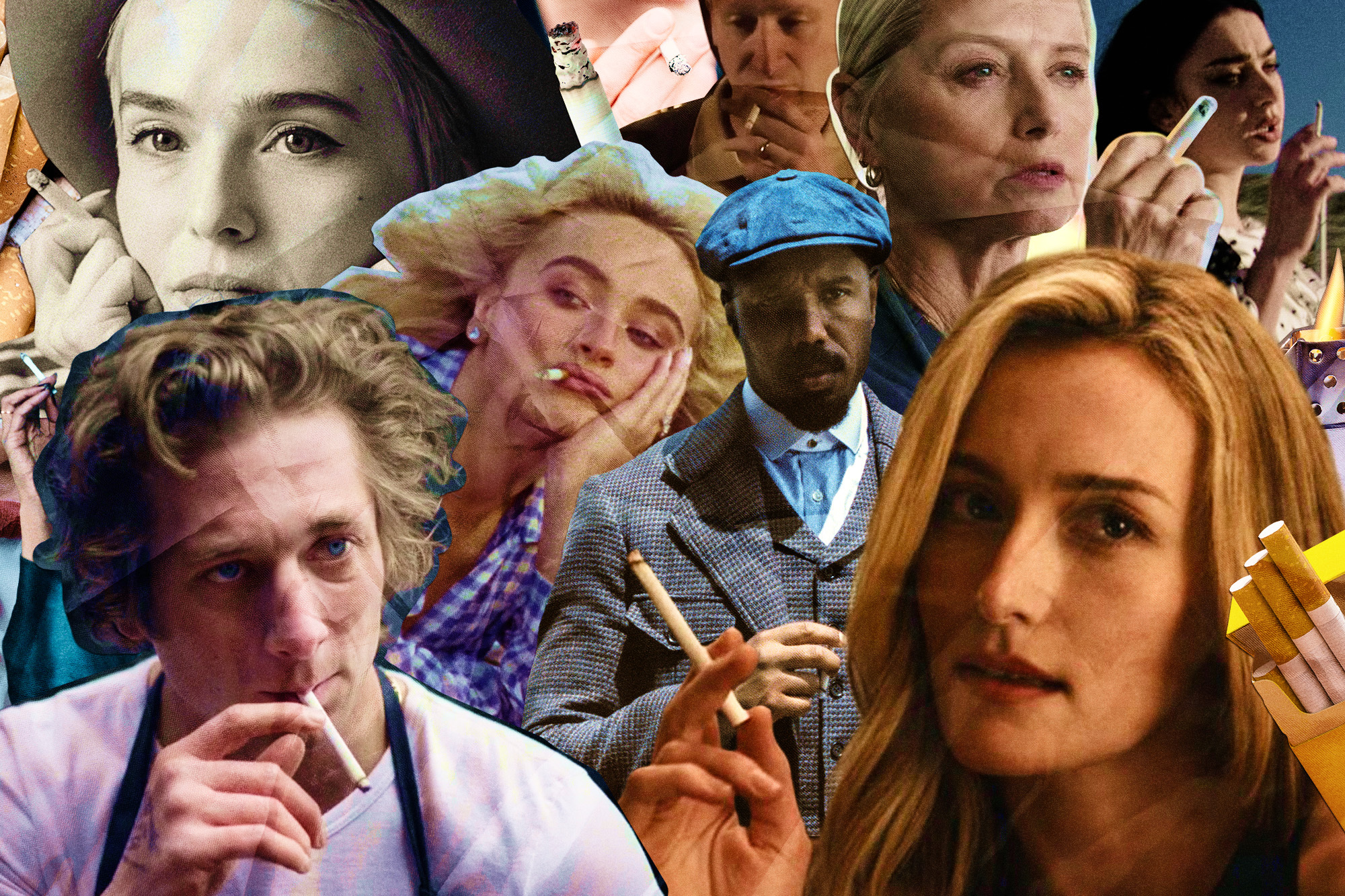 collage of movie and TV characters smoking cigarettes