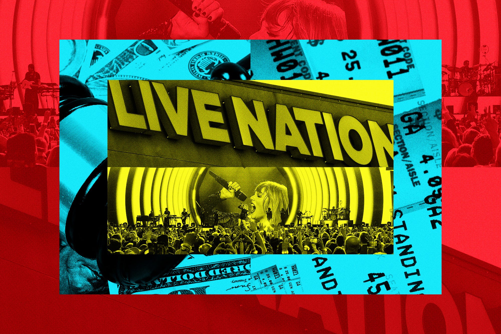 collage of images including a Live Nation sign, Taylor Swift concert, court gavel on top of money