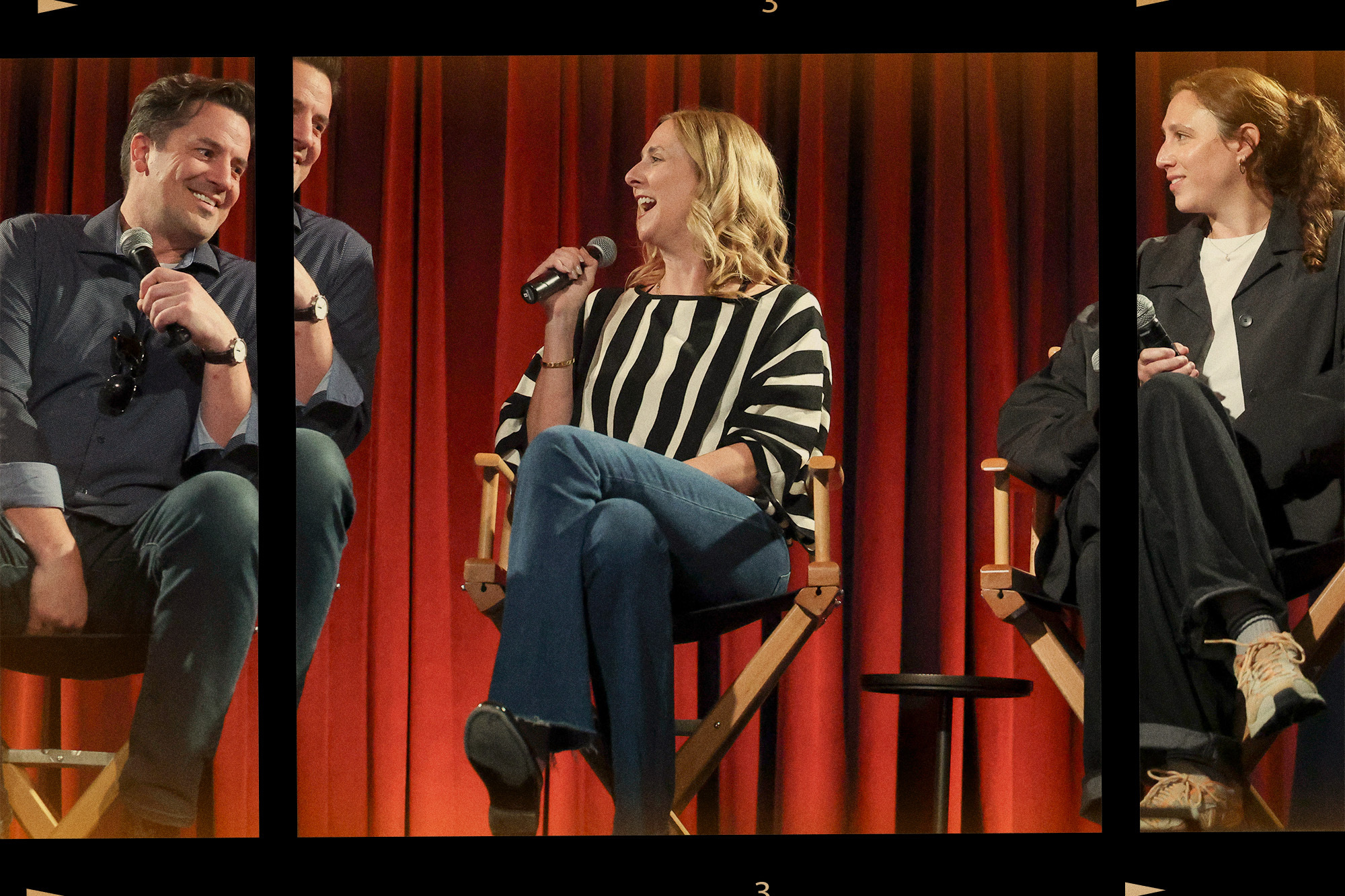 Wednesday composer Chris Bacon and music supervisors Jen Malone and Nicole Weisberg speak on stage.