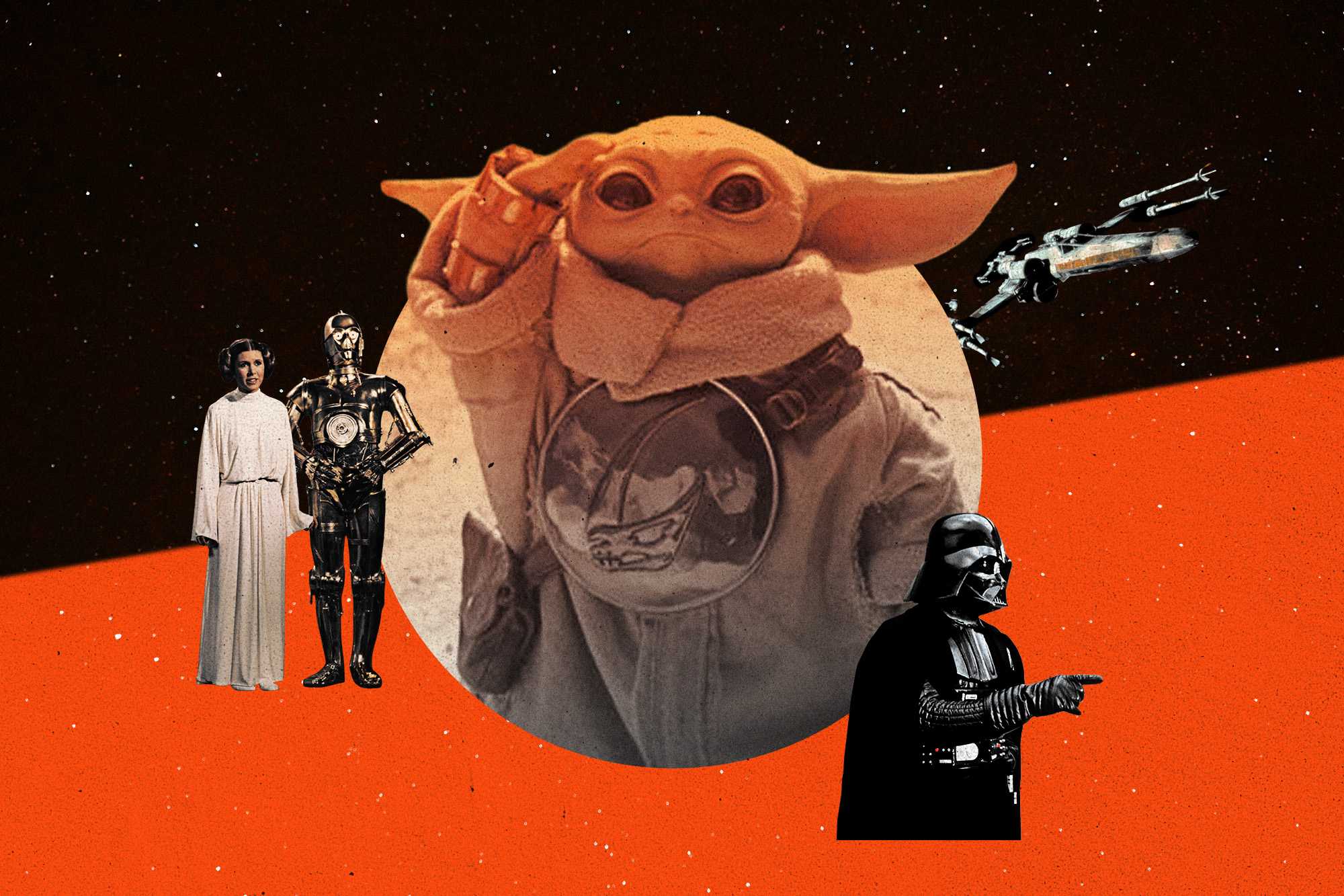 collage of Star Wars images: Princess Leia and C3PO, Grogu, Darth Vader, X Wing Fighter