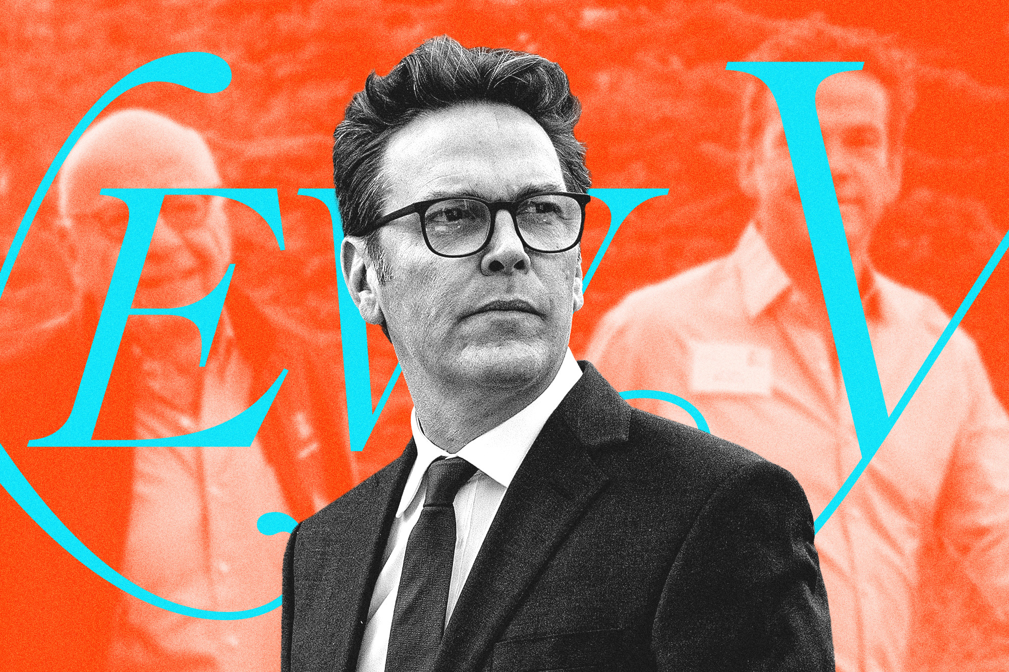 James Murdoch in front of the "New York" magazine logo with a faded background picture of Rupert and Lachlan Murdoch