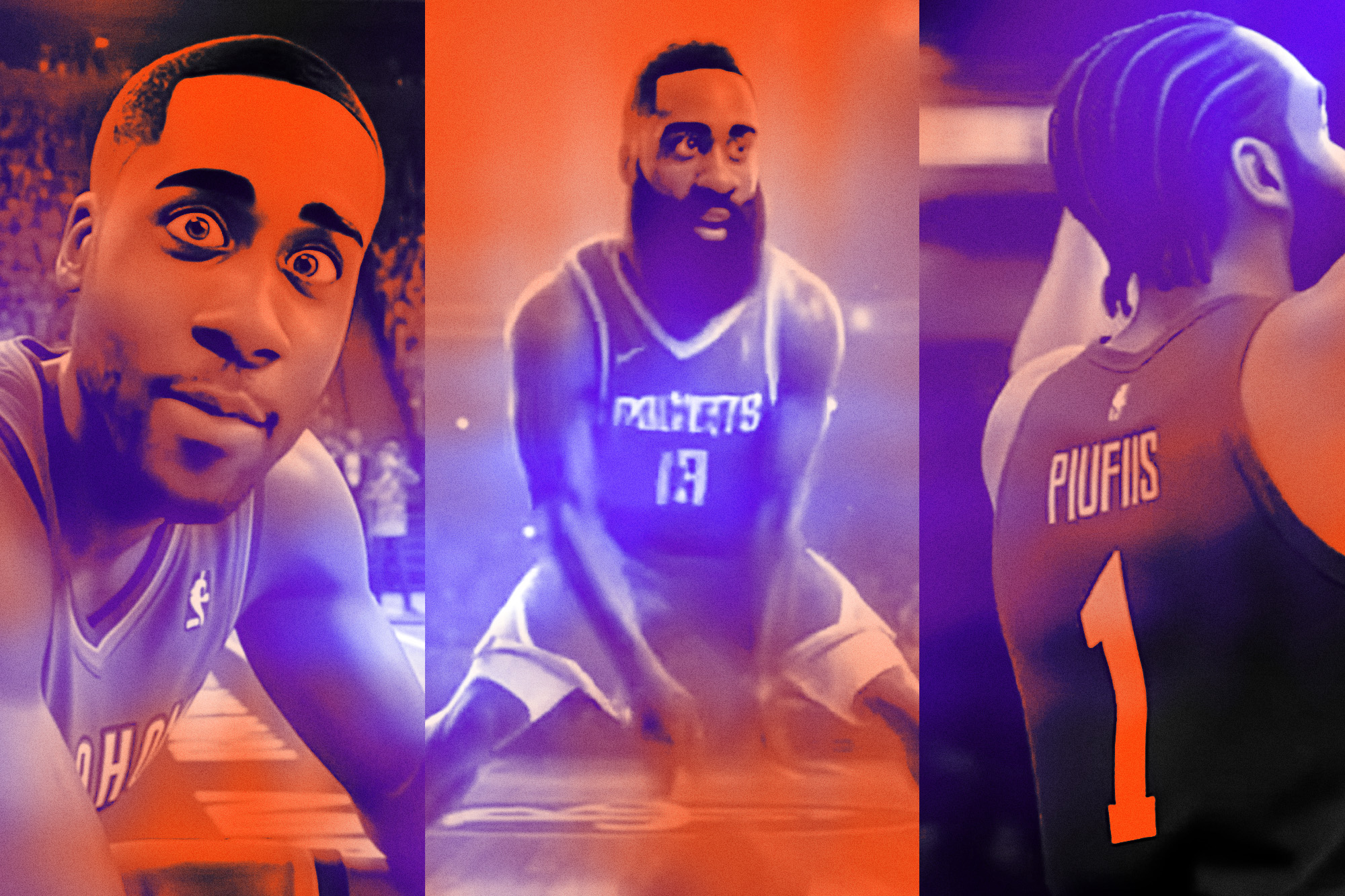 screenshots from an AI video of James Harden playing basketball