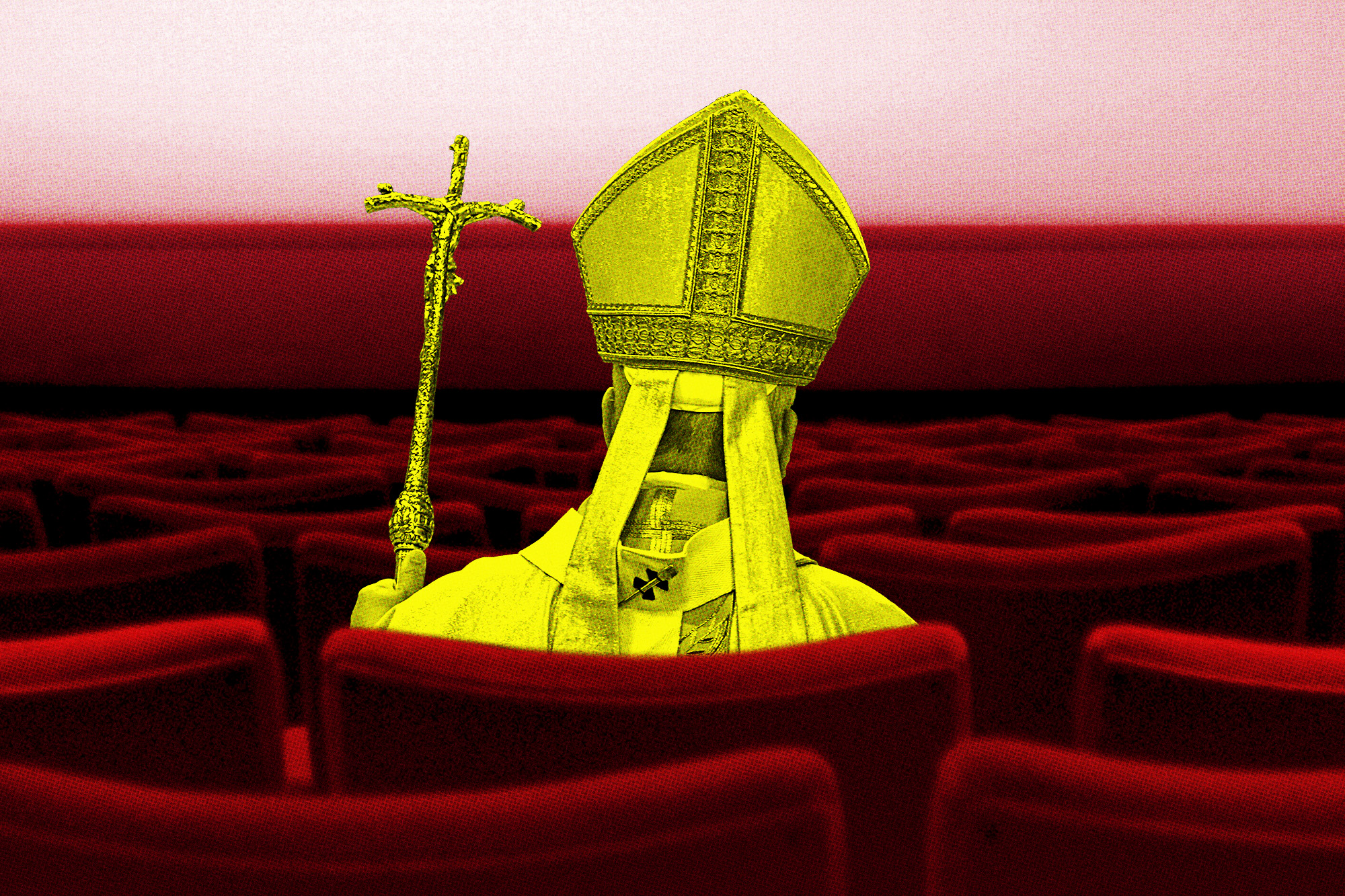 photo illustration of a pope sitting in an empty movie theater