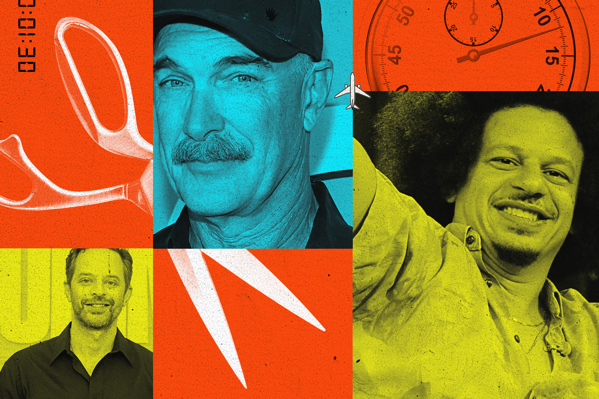 collage of images including Nick Kroll, Patrick Warburton and Eric André