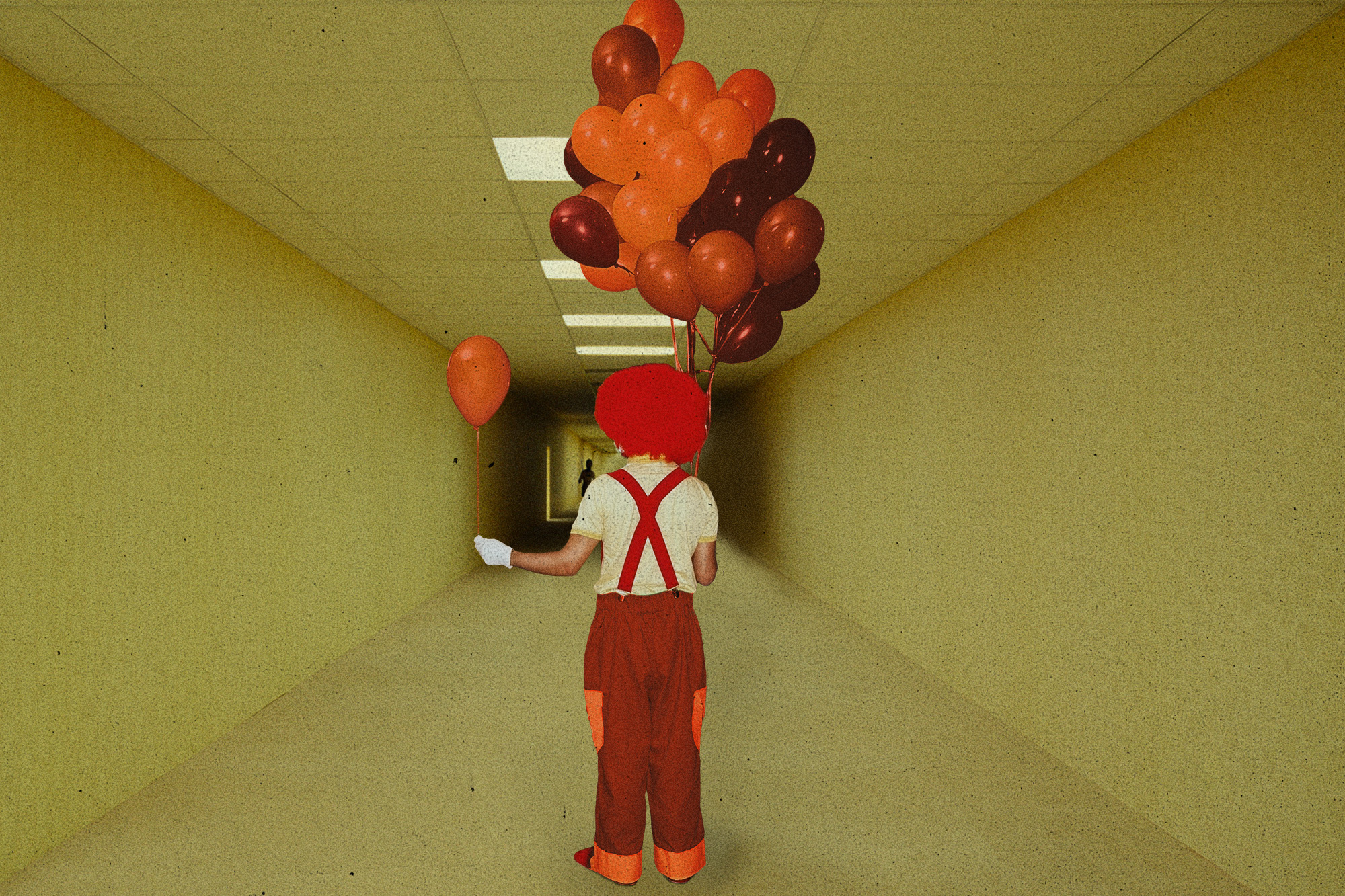 A clown with a big red wig and carrying balloons walks into the Backrooms