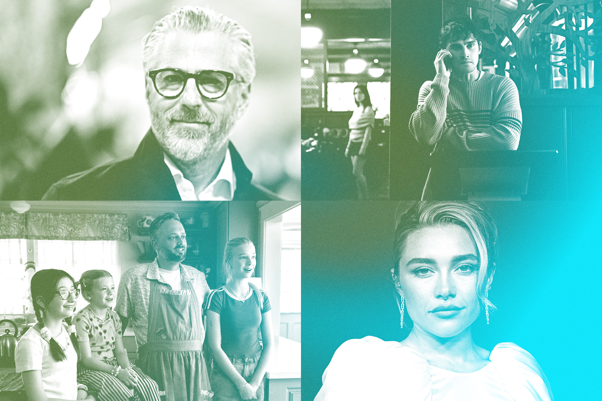 grid of images: Casey Wasserman, a scene from the film 'Obsession', a scene from 'The Breadwinner' and Florence Pugh