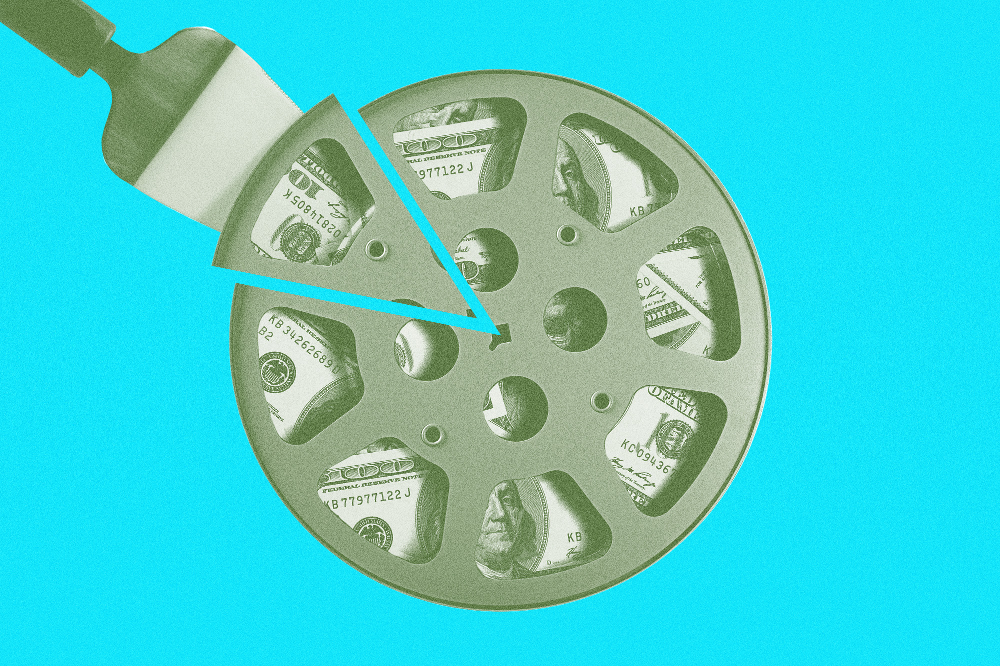 A film reel with money inside and being sliced up like a pie