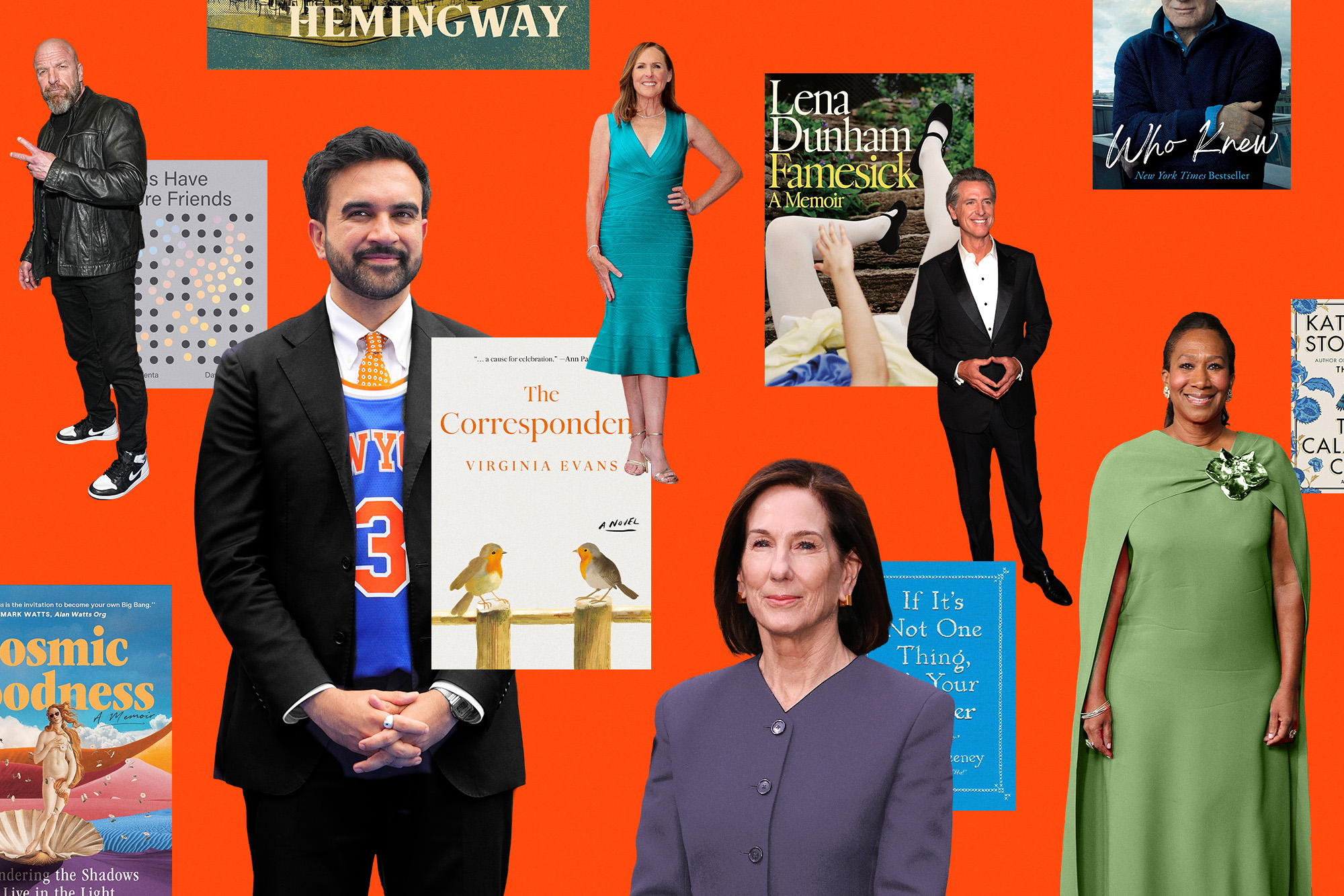 collage of notable people (Triple H, Zohran Mamdani, Kathy Kennedy, Molly Shannon, Gavin Newsom, Nicole Avant) and various book covers