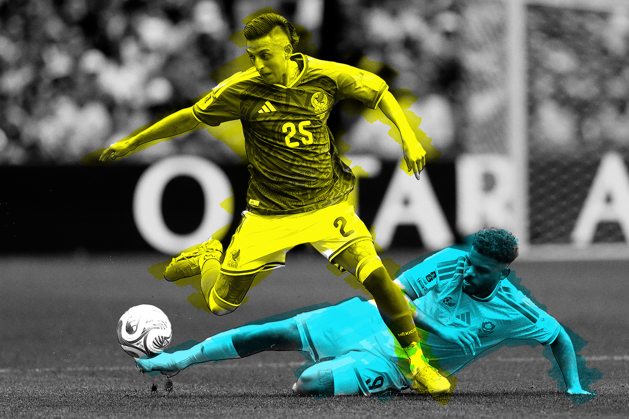 Lyle Foster #9 of South Africa slides into Roberto Alvarado #25 of Mexico during the FIFA World Cup 2026 Group A match between Mexico and South Africa at Mexico City Stadium