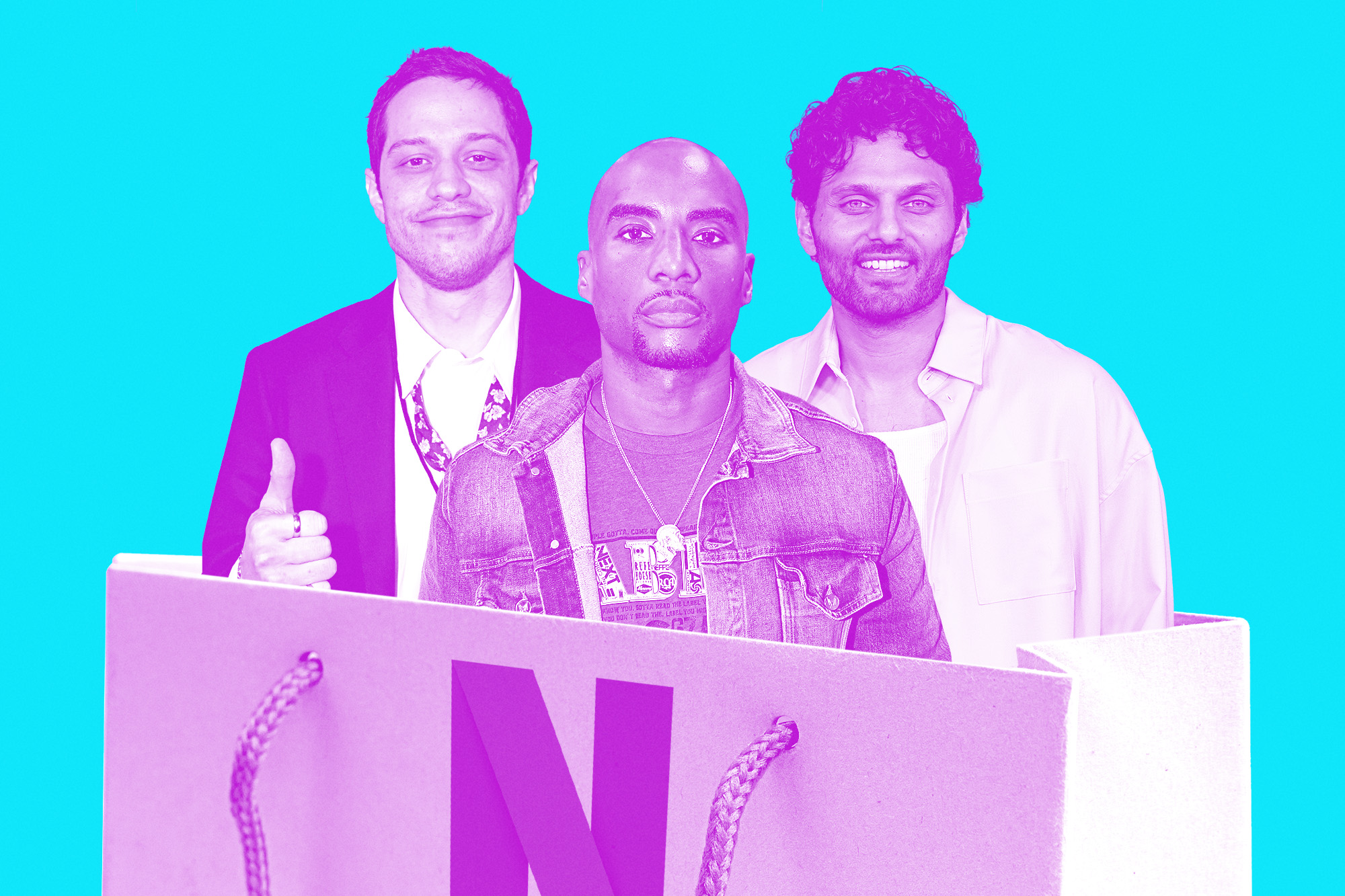composition of Pete Davidson, Charlamagne The God and Jay Shetty inside a shopping back with the Netflix logo on it
