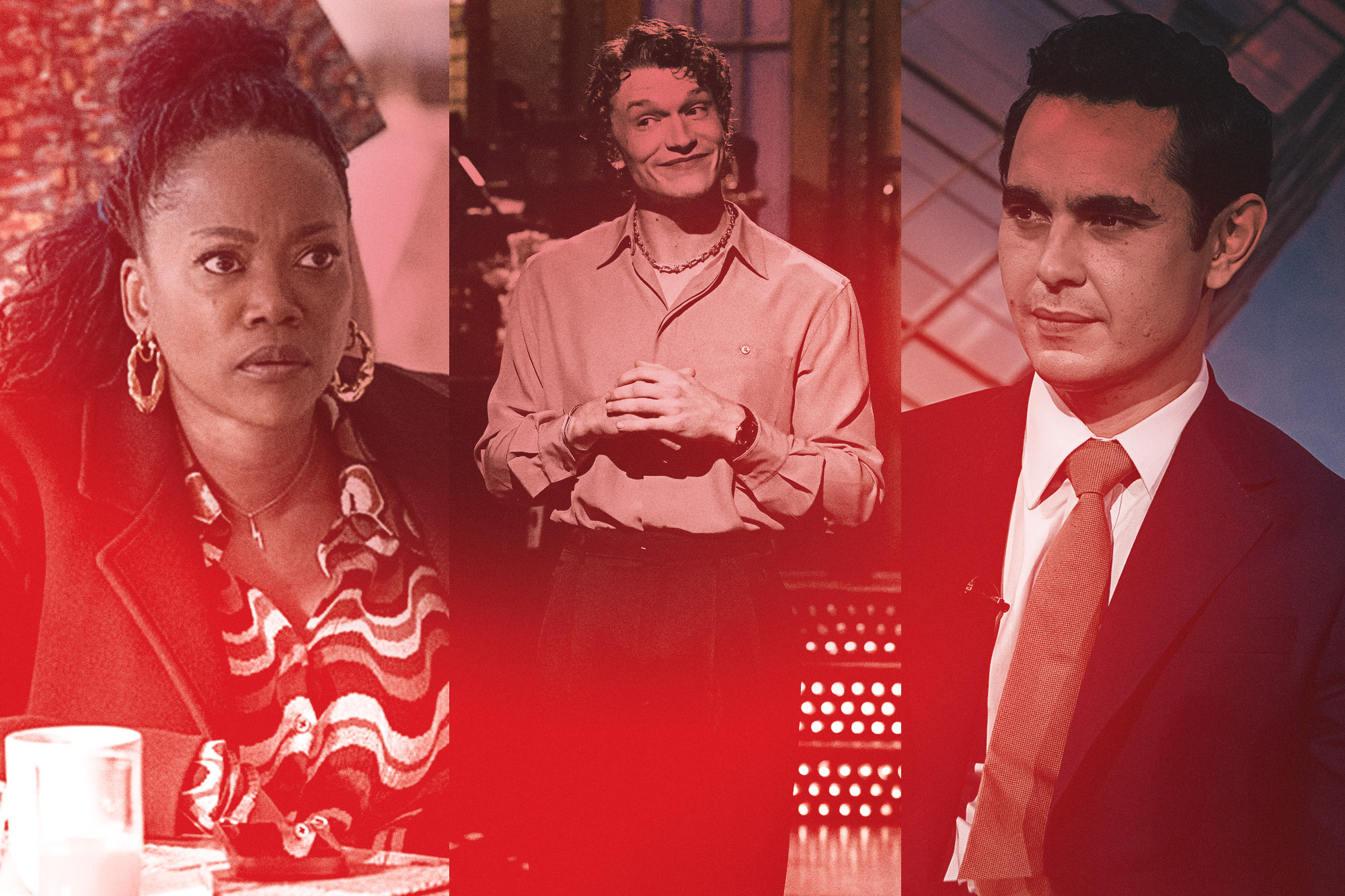 triptych: Erika Alexander in 'The Fall and Rise of Reggie Dinkins'; Connor Storrie hosting 'Saturday Night Live'; Max Minghella in 'Industry'