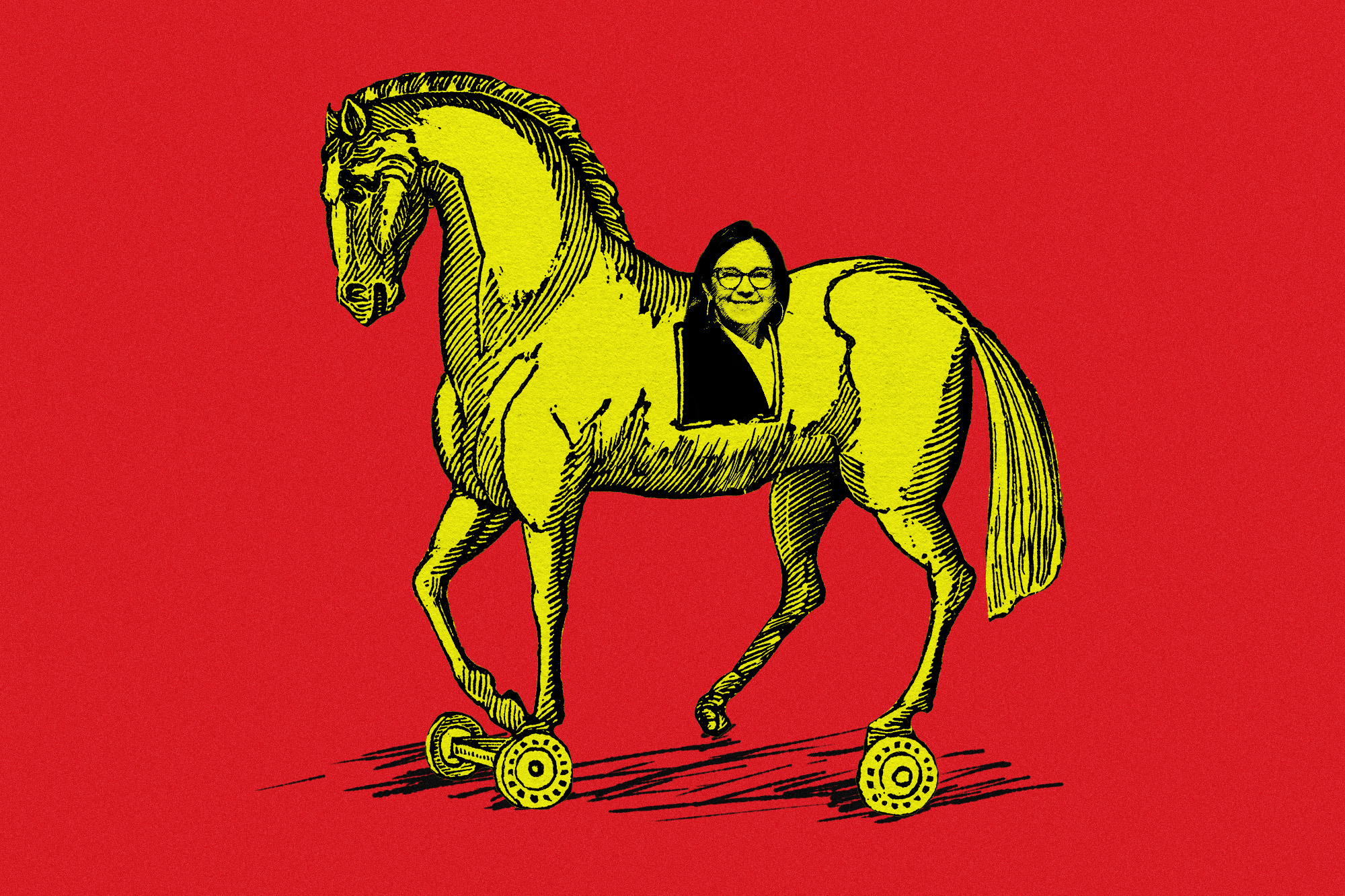 illustration of Bari Weiss' head peeking out of the body of the Trojan Horse