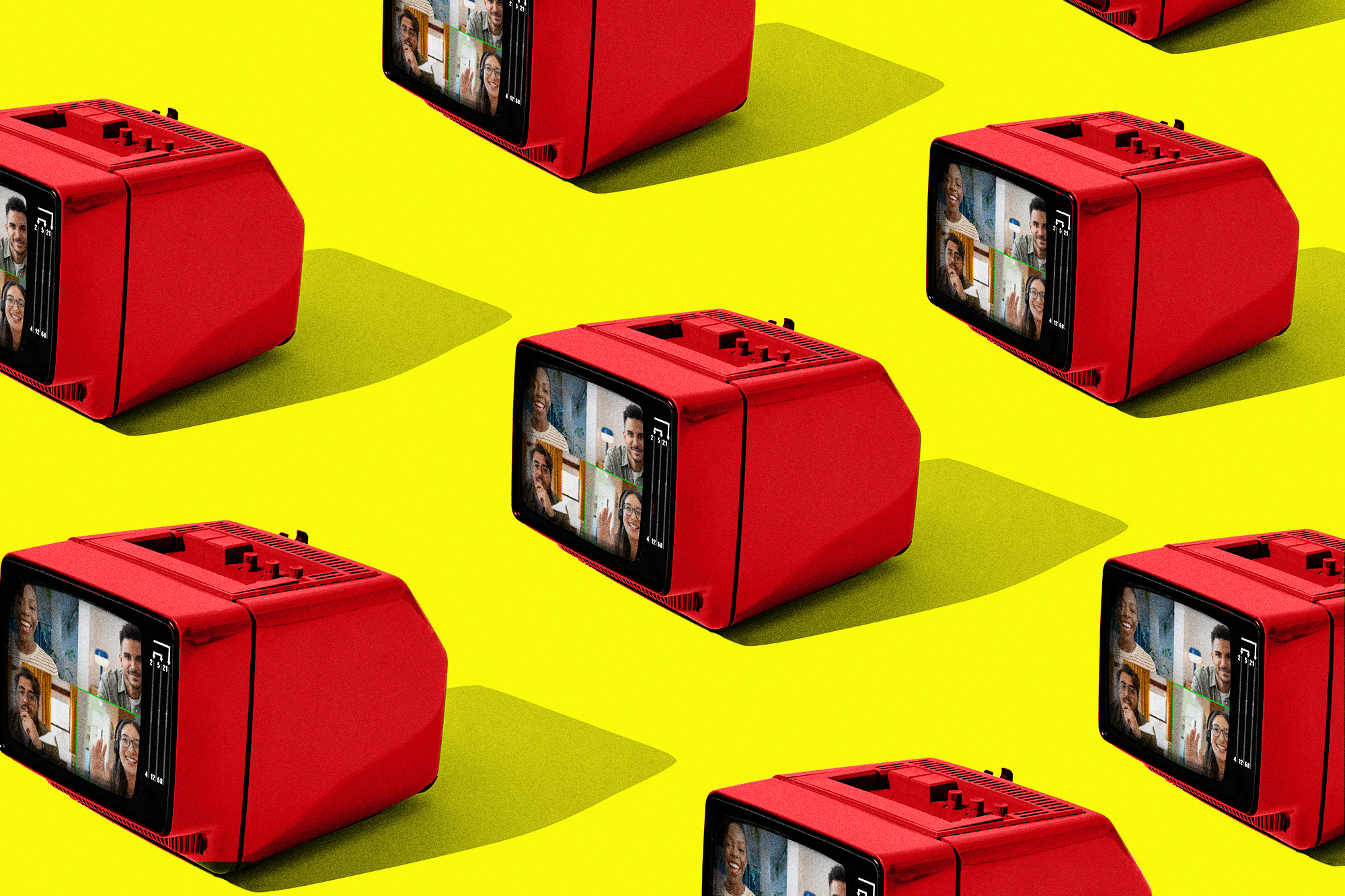vintage TVs with a 4-way Zoom meeting on the screens