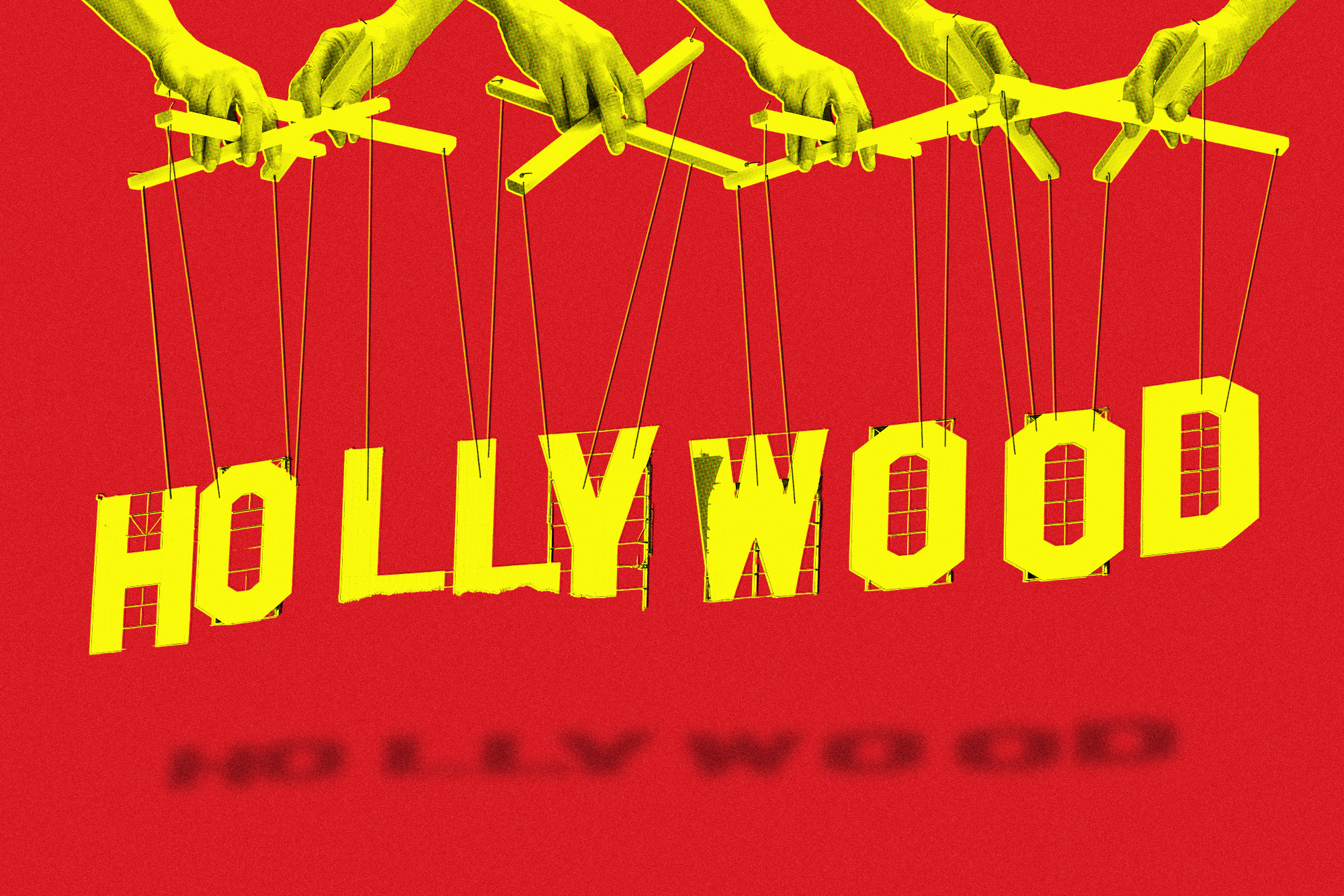 six hands using marionette sticks and strings to control the Hollywood sign