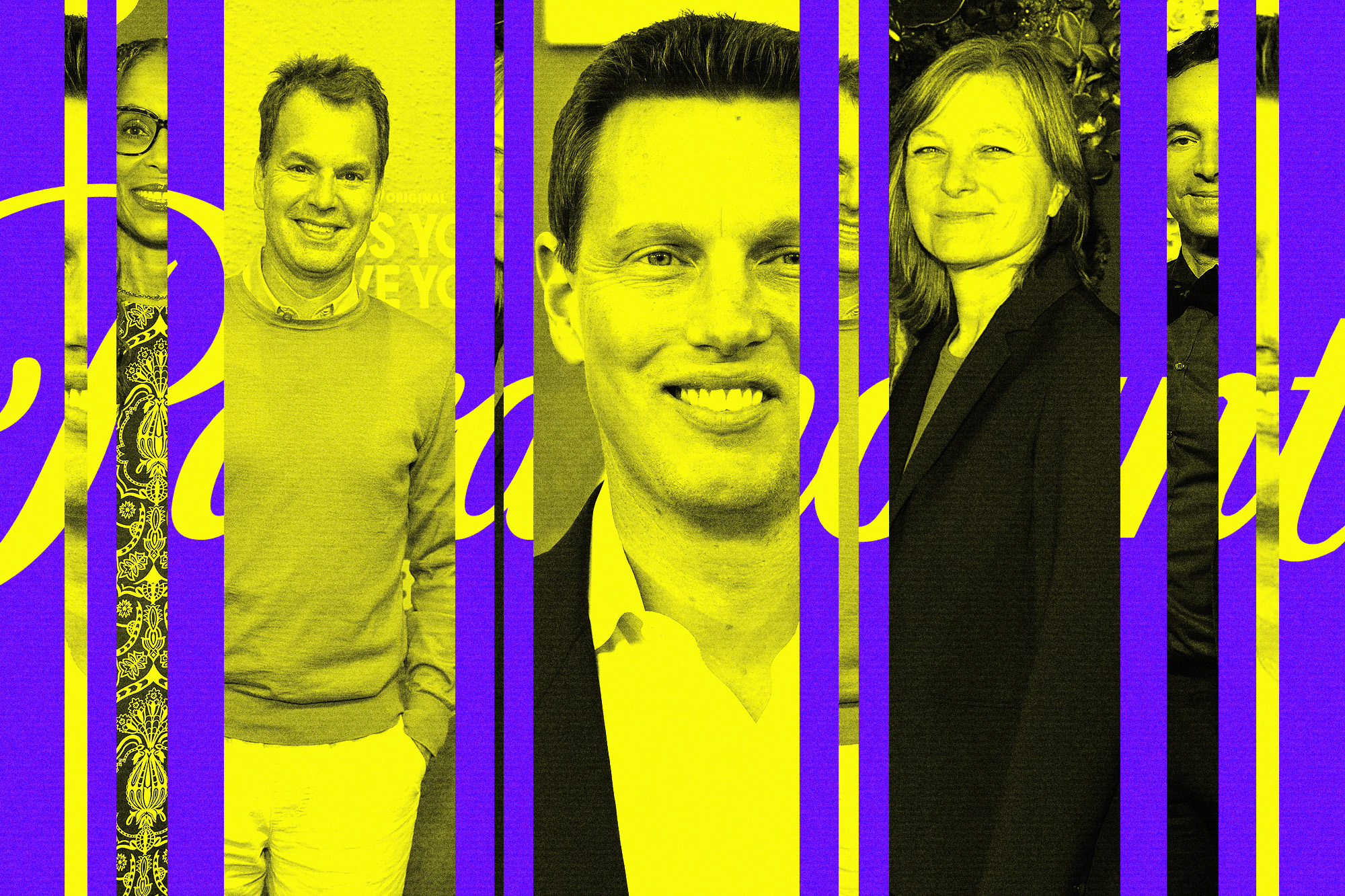 collage: Channing Dungey, Casey Bloys, David Ellison, Cindy Holland, George Cheeks, Paramount logo