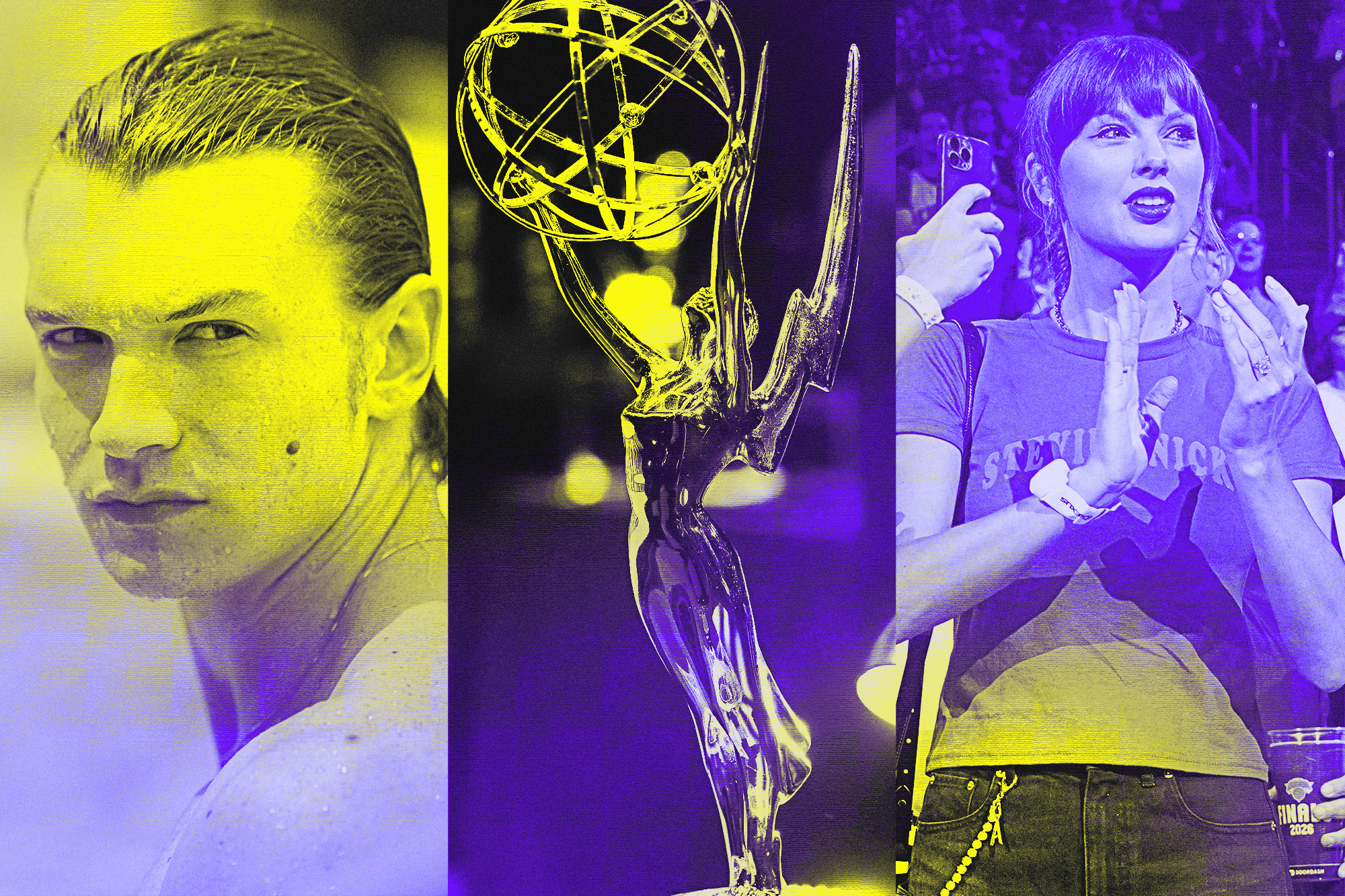 triptych: Connor Storrie in 'Heated Rivalry'; an Emmy statuette; Taylor Swift attends a New York Knicks playoff game