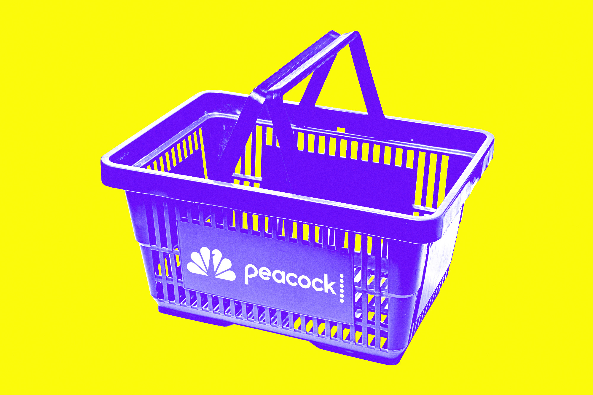purple shopping basket with the NBC and Peacock logos on its side