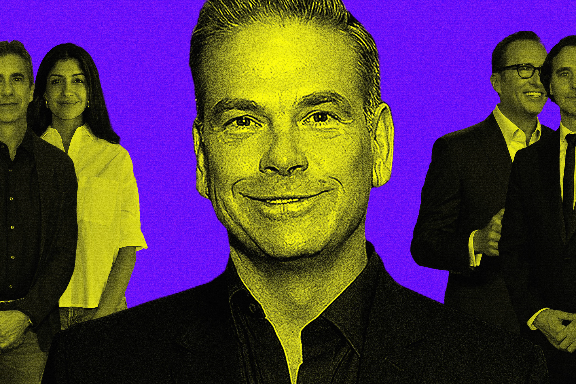 composition of cutout images of Michael Thorn, Anjali Sud, Lachlan Murdoch, Charlie Collier, and Rob Wade