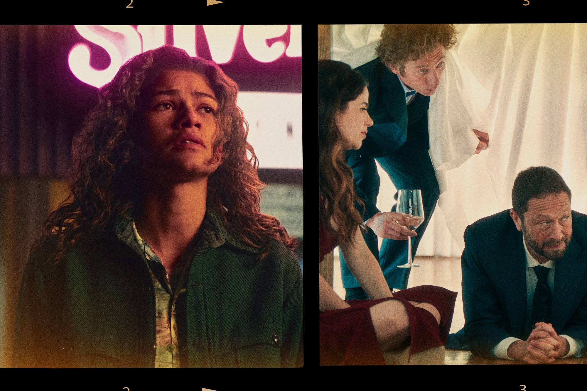 Zendaya in 'Euphoria'; Molly Gordon, Jeremy Allen White and Ebon Moss-Bachrach in 'The Bear'