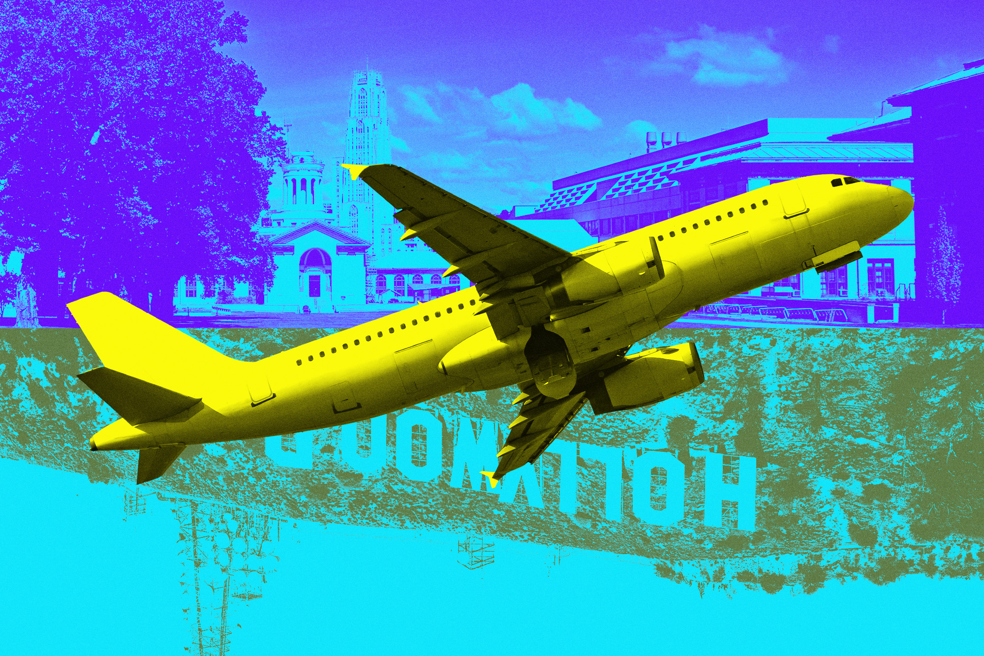 collage of an airplane over a shot of the Hollywood sign and a photo of the Carnegie Mellon campus