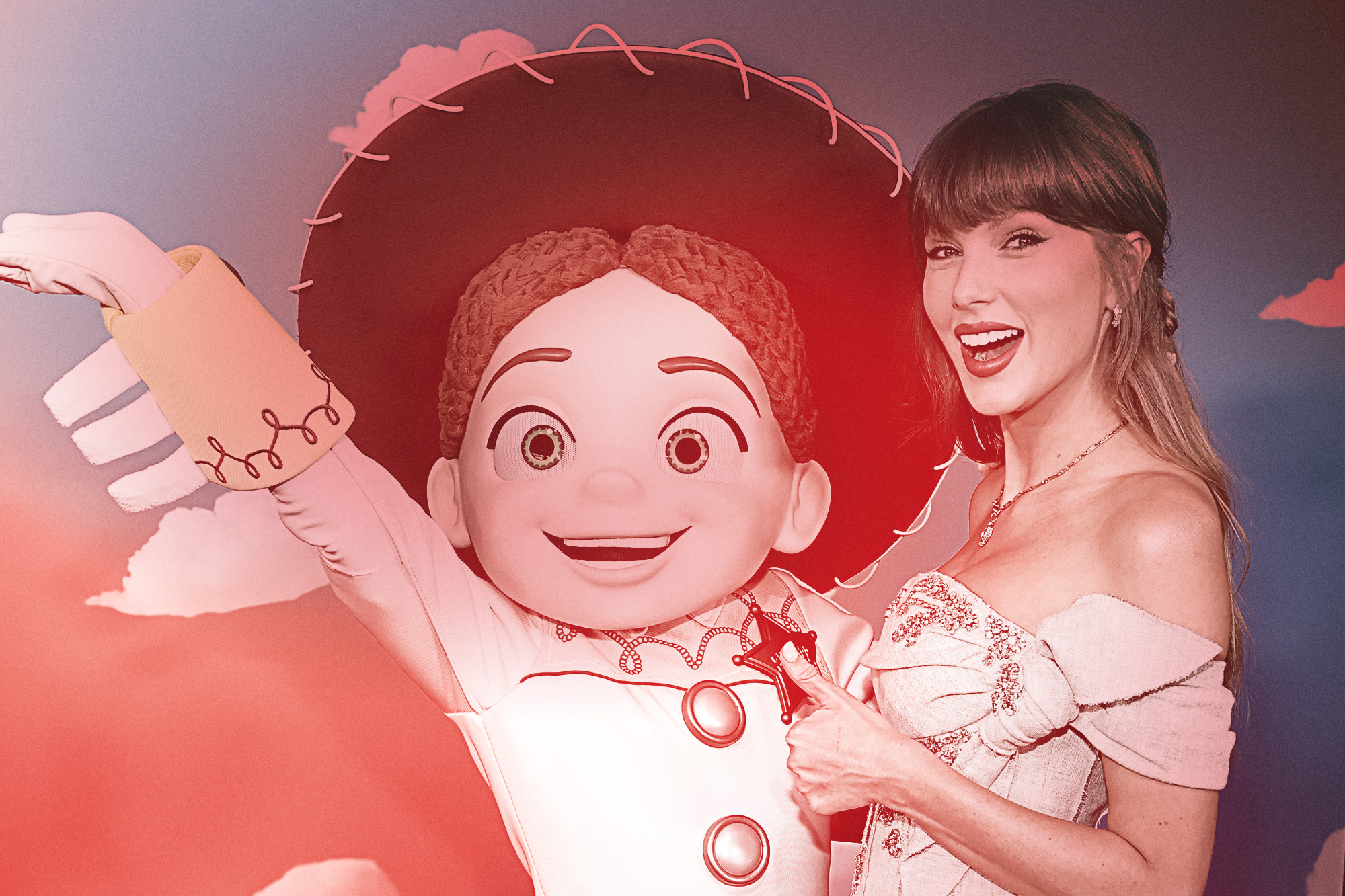 Taylor Swift poses with a life-size Jessie doll at the 'Toy Story 5' premiere