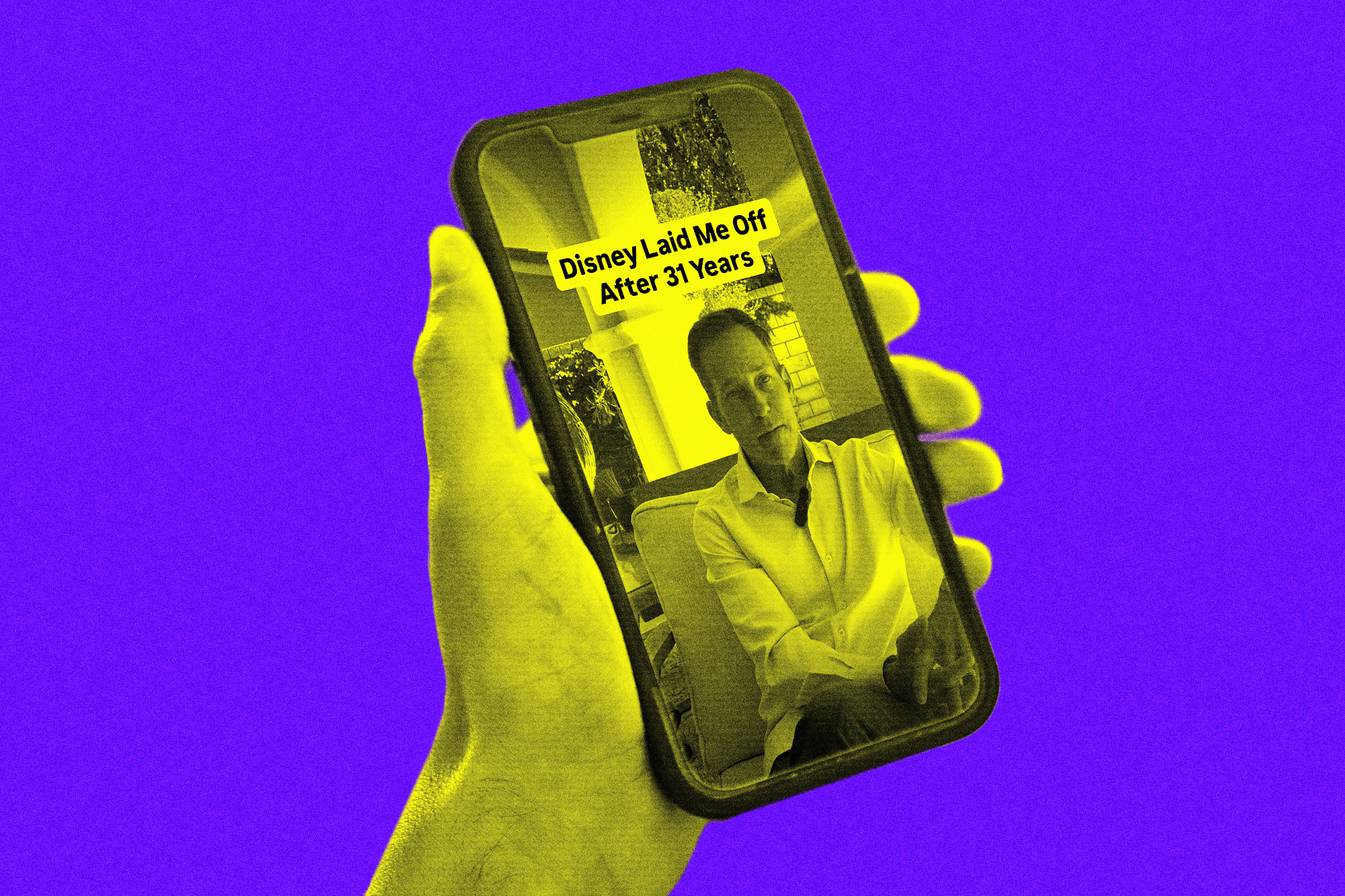 Man's hand holding a smartphone showing an instagram video from Chris Bess that says "Disney Laid Me Off After 31 Years"