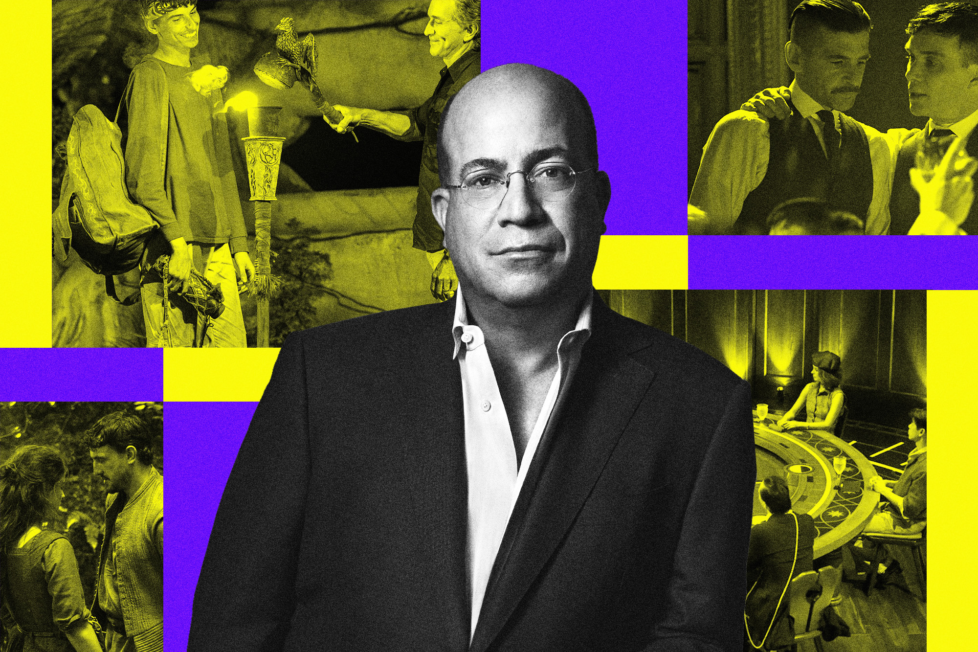 Jeff Zucker in front of a collage of images from 'Survivor,' 'Peaky Blinders,' 'Hamnet,' and 'The Traitors'