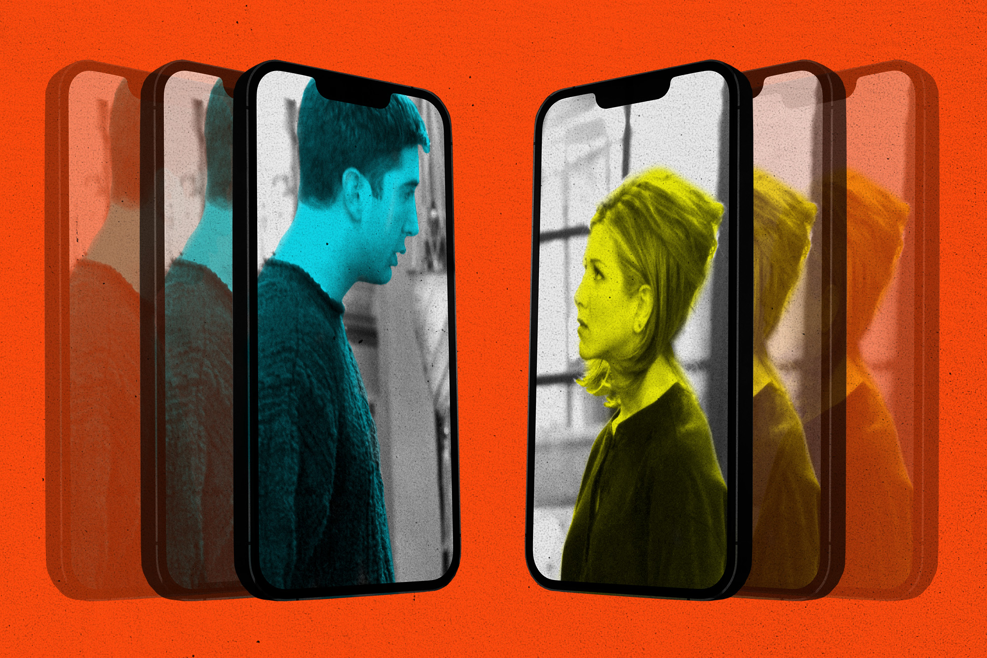 David Schwimmer as Ross and Jennifer Aniston as Rachel in 'Friends' split up onto two smartphone screens