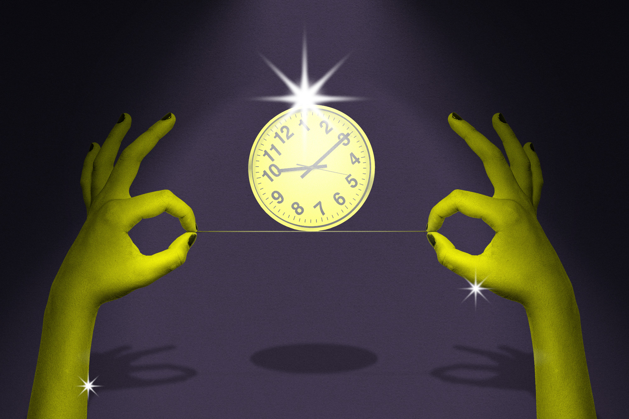 Manicured hands holding a taut string on which a clock is being balanced