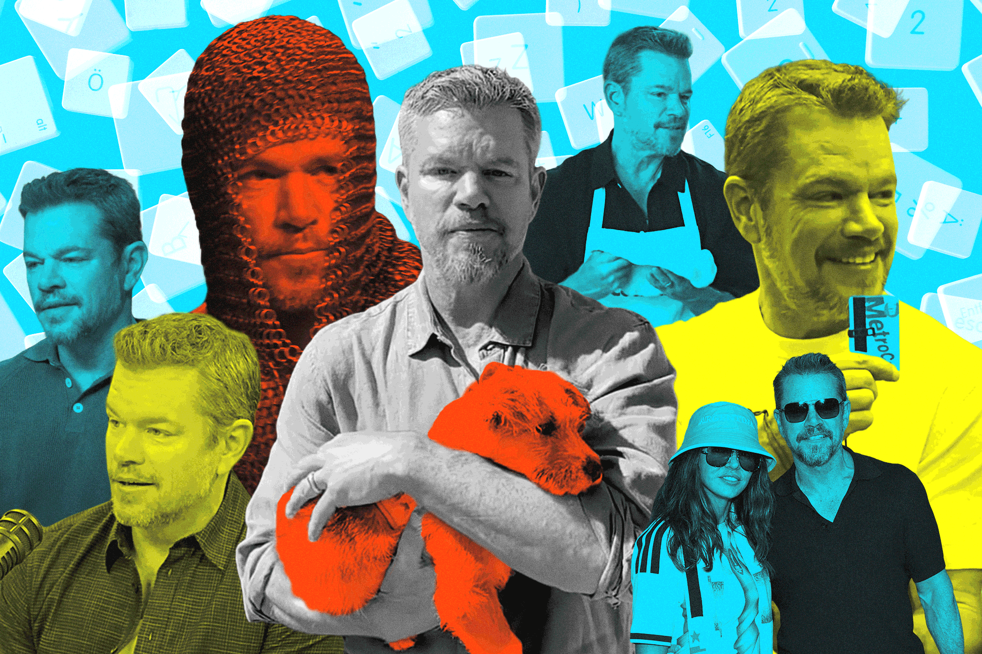 Collage of Matt Damon doing a wide variety of publicity appearances, including holding a puppy and wearing medieval-style chainmail