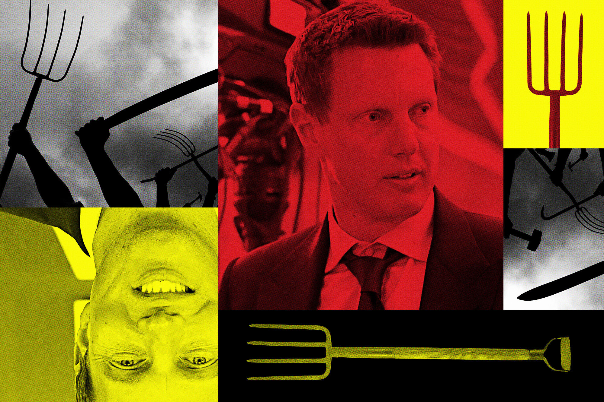 collage of David Ellison and people wielding pitchforks