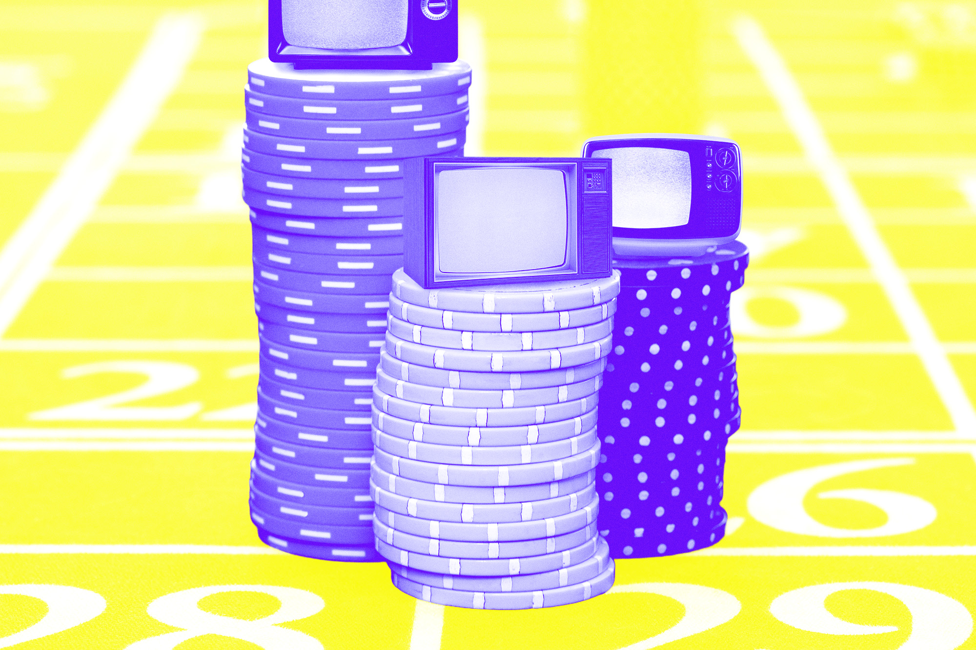 betting chips on a roulette table, each stack of chips has a tv on top