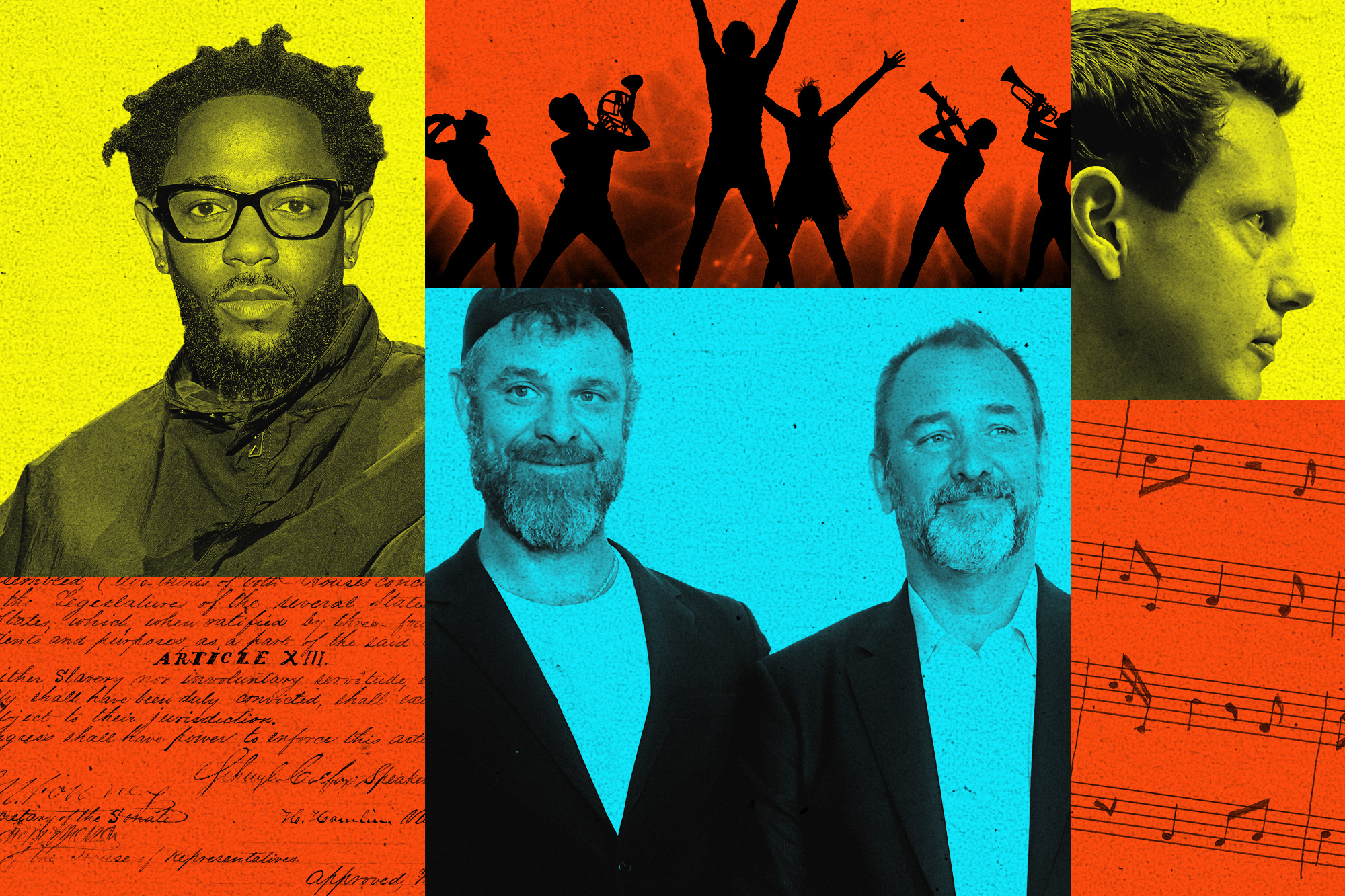 collage: Kendrick Lamar, Trey Parker and Matt Stone, David Ellison, the draft of the 13th Amendment banning slavery, a statue of a slave breaking his chains, generic sheet music
