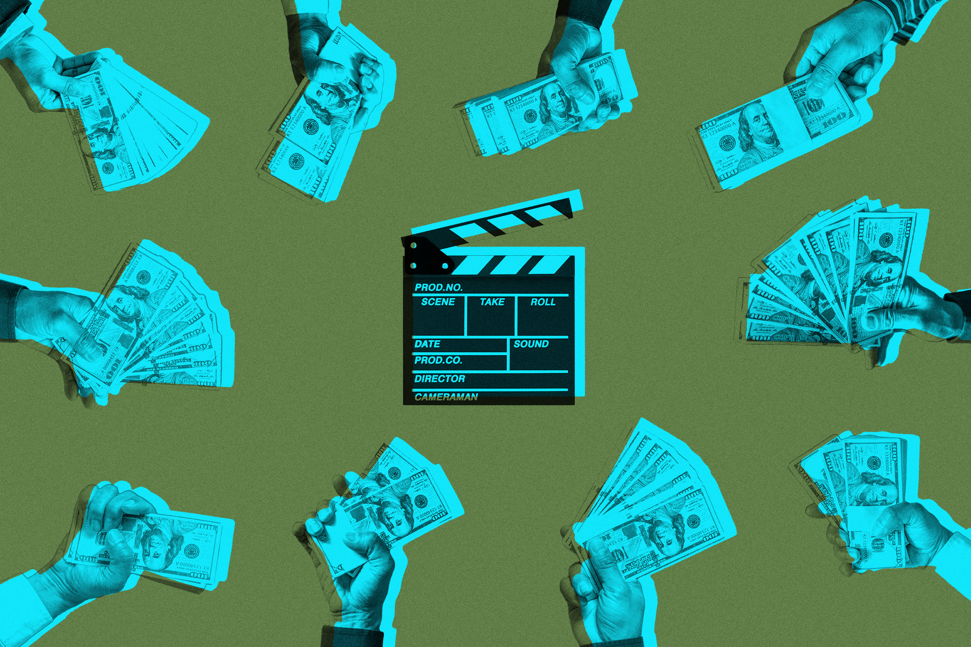 lots of hands holding cash out at a film clapper board