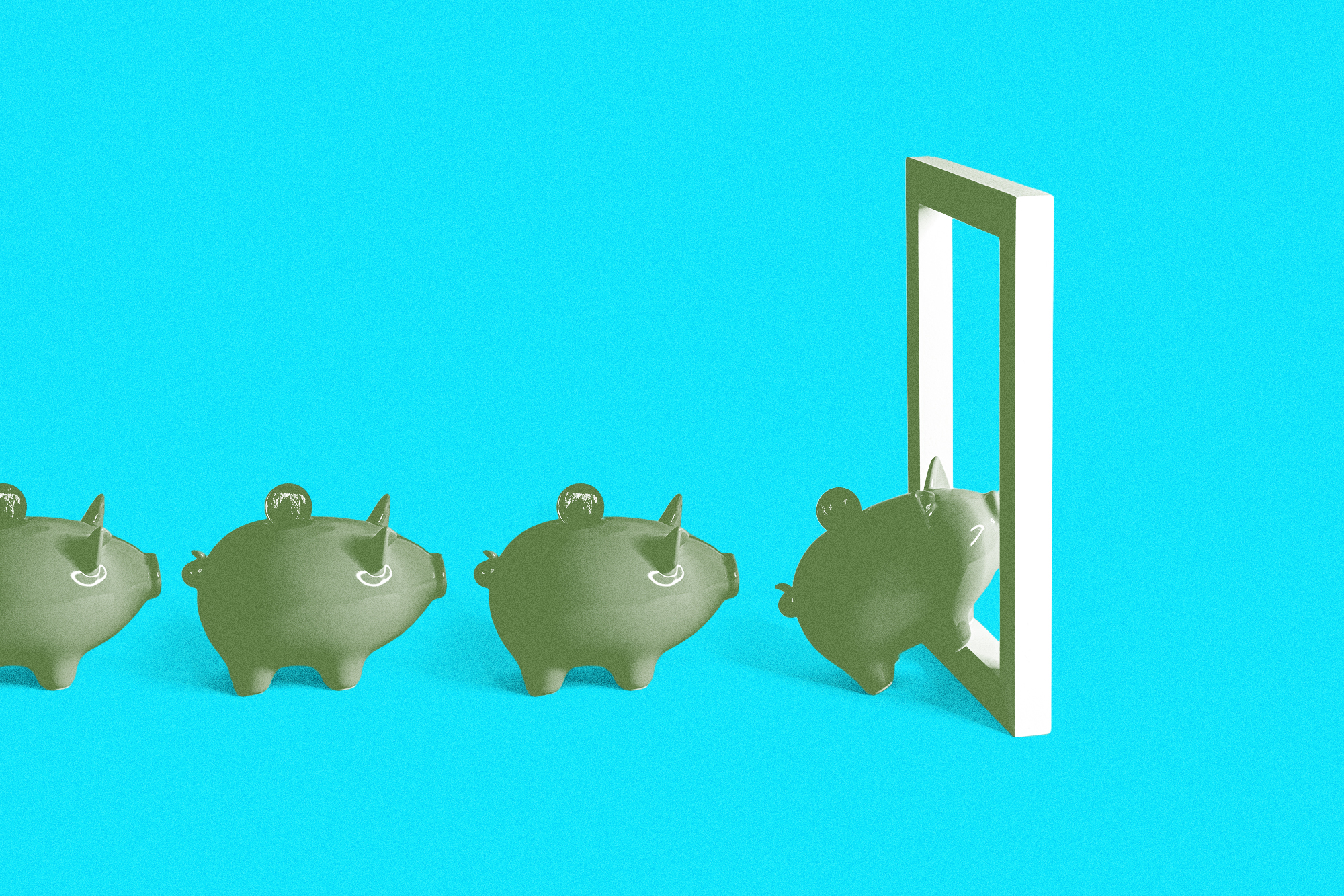4 piggy banks walking into a doorframe