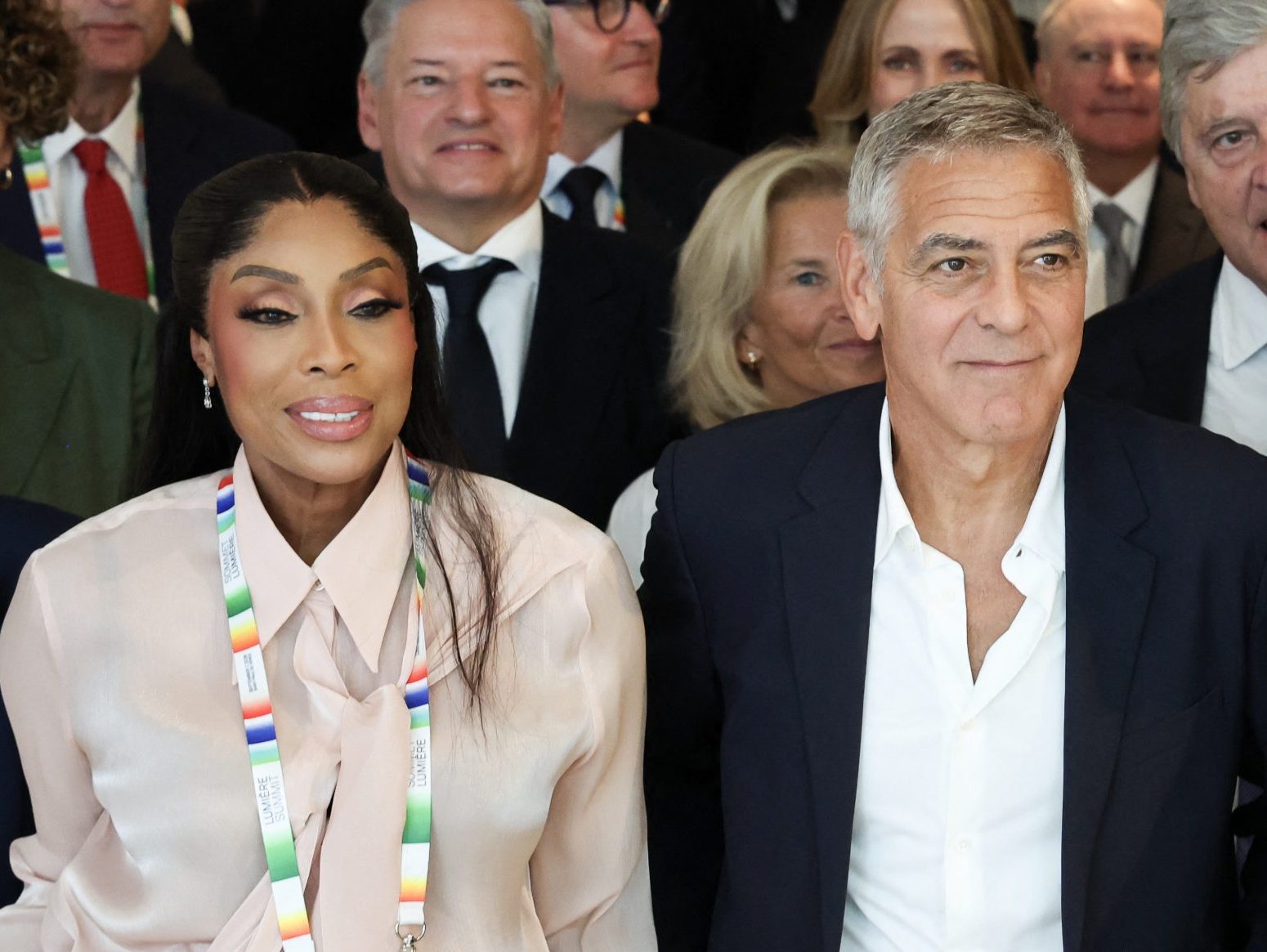 Nigerian media mogul and philanthropist Mo Abudu, US actor George Clooney and South Korea's Culture, Sports and Tourism Minister Chae Hwi-young at the Lumière Summit in France