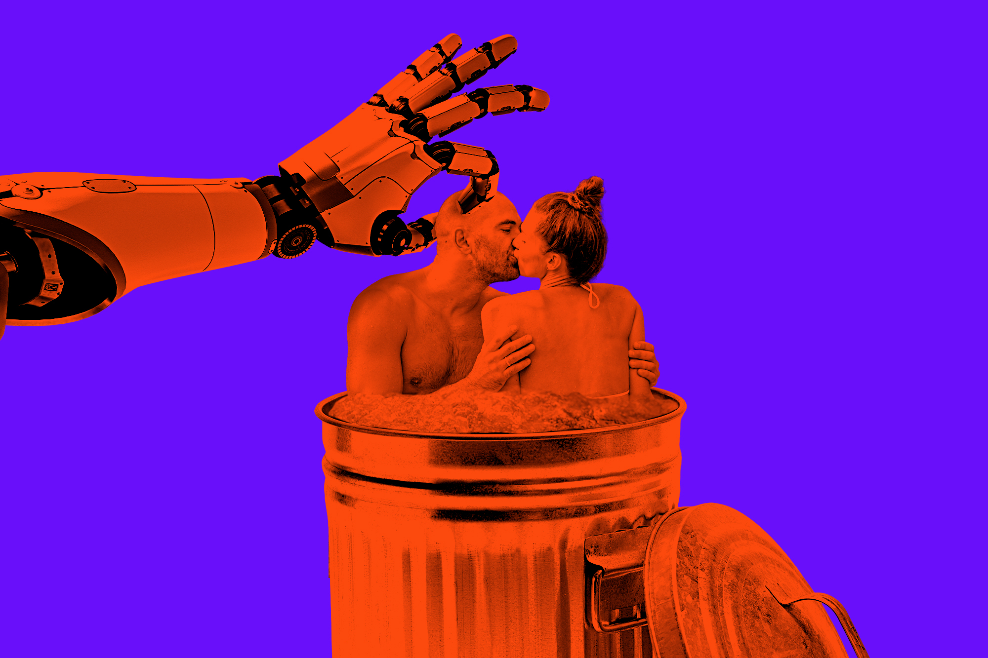 robot hand pulling a kissing couple out of a trash can