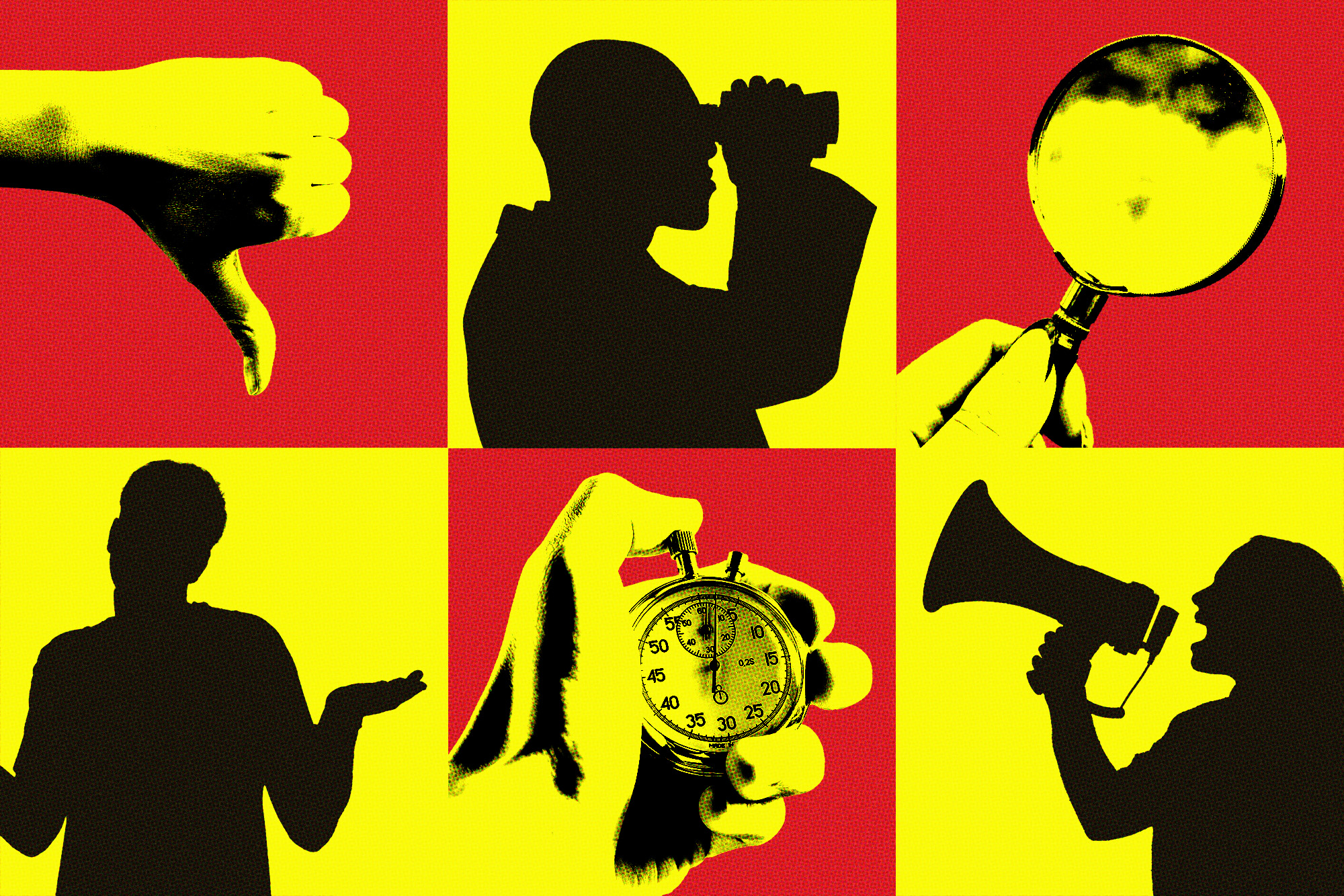 grid of people: giving a thumbs down, using binoculars, using a magnifying glass, using a bullhorn, using a stop watch, shrugging