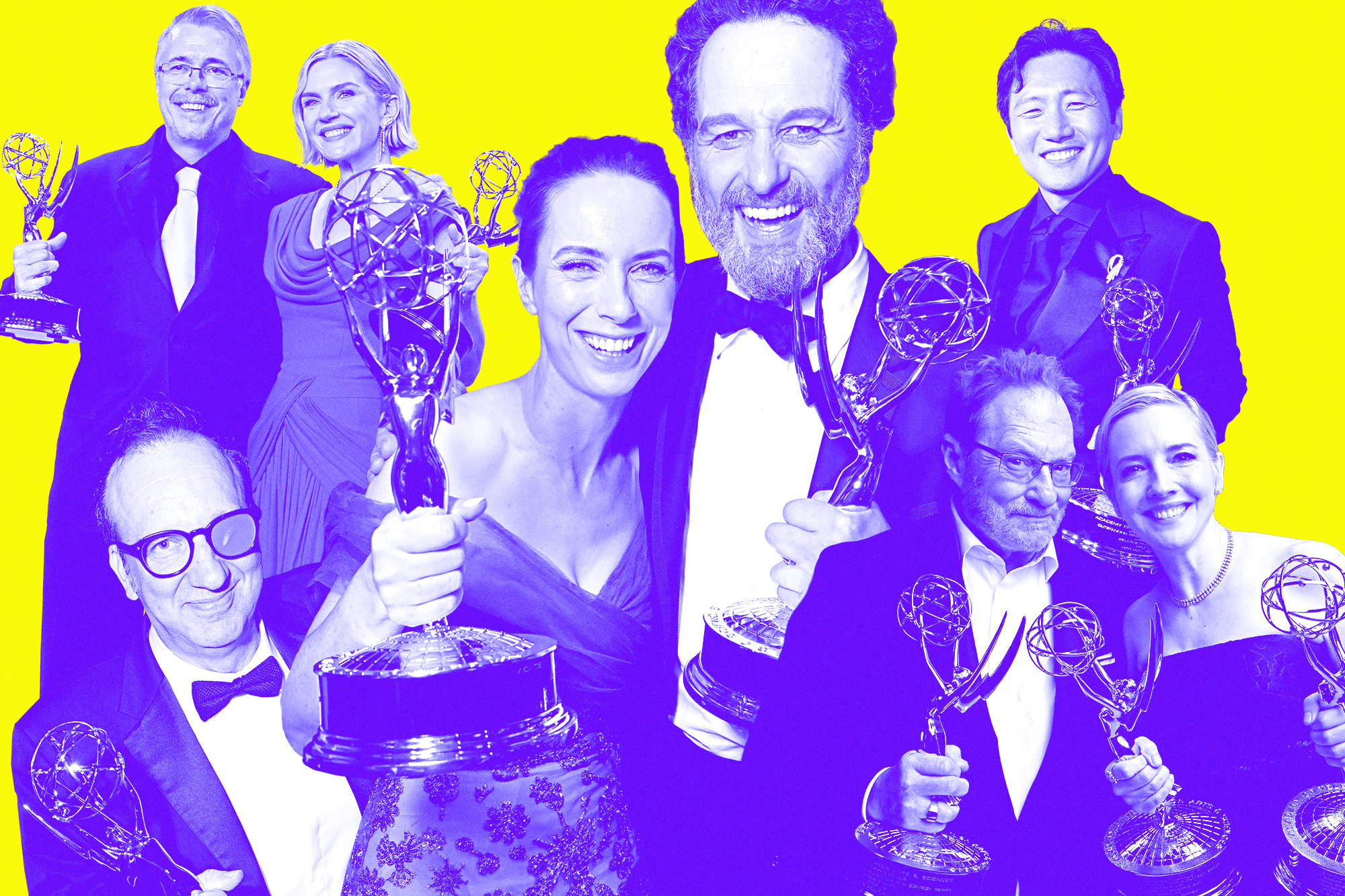 Collage of Apple TV Emmy Winners: Vince Gilligan, Rhea Seehorn, Saul Metzstein, Kate O'Flynn, Matthew Rhys, Hiro Muria, Stephen Root, Katie Dippold