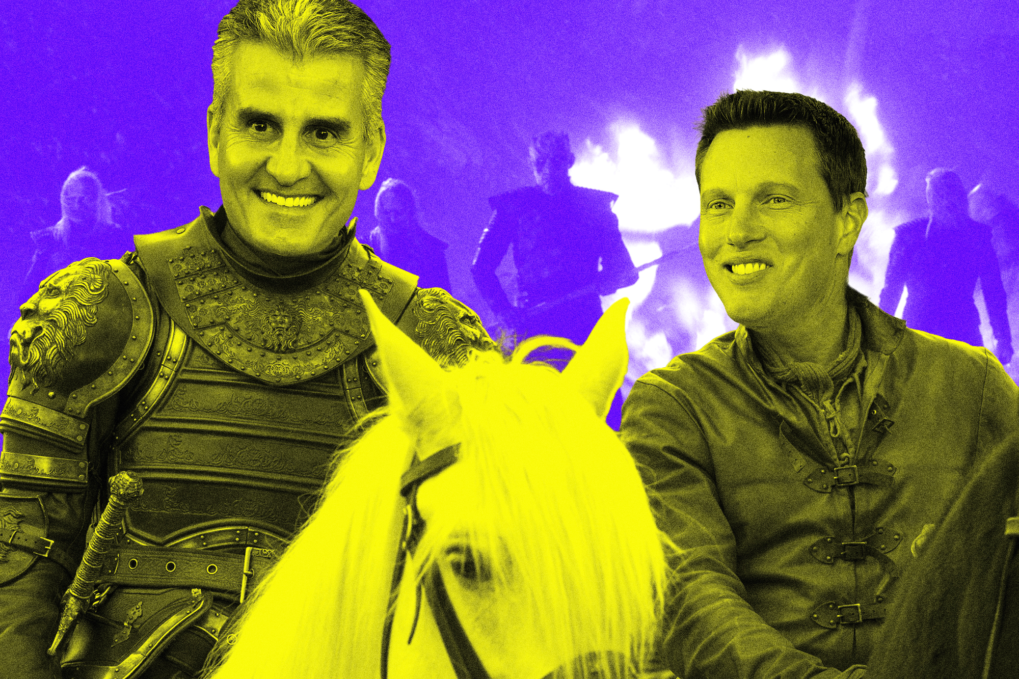 Josh D'Amaro and David Ellison composited onto the bodies of 'Game of Thrones' characters riding horses
