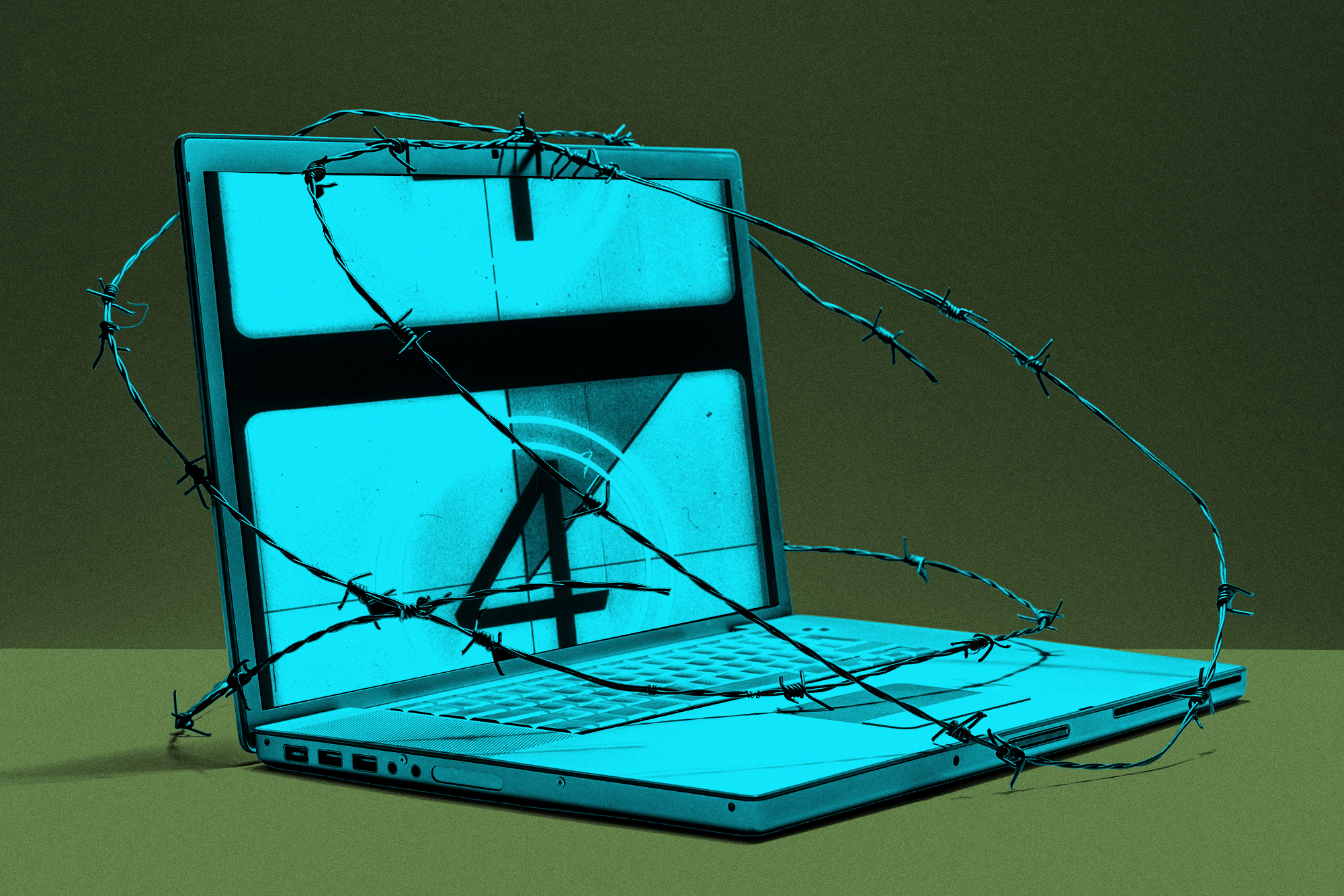 Laptop with a film countdown on screen wrapped in barbed wire