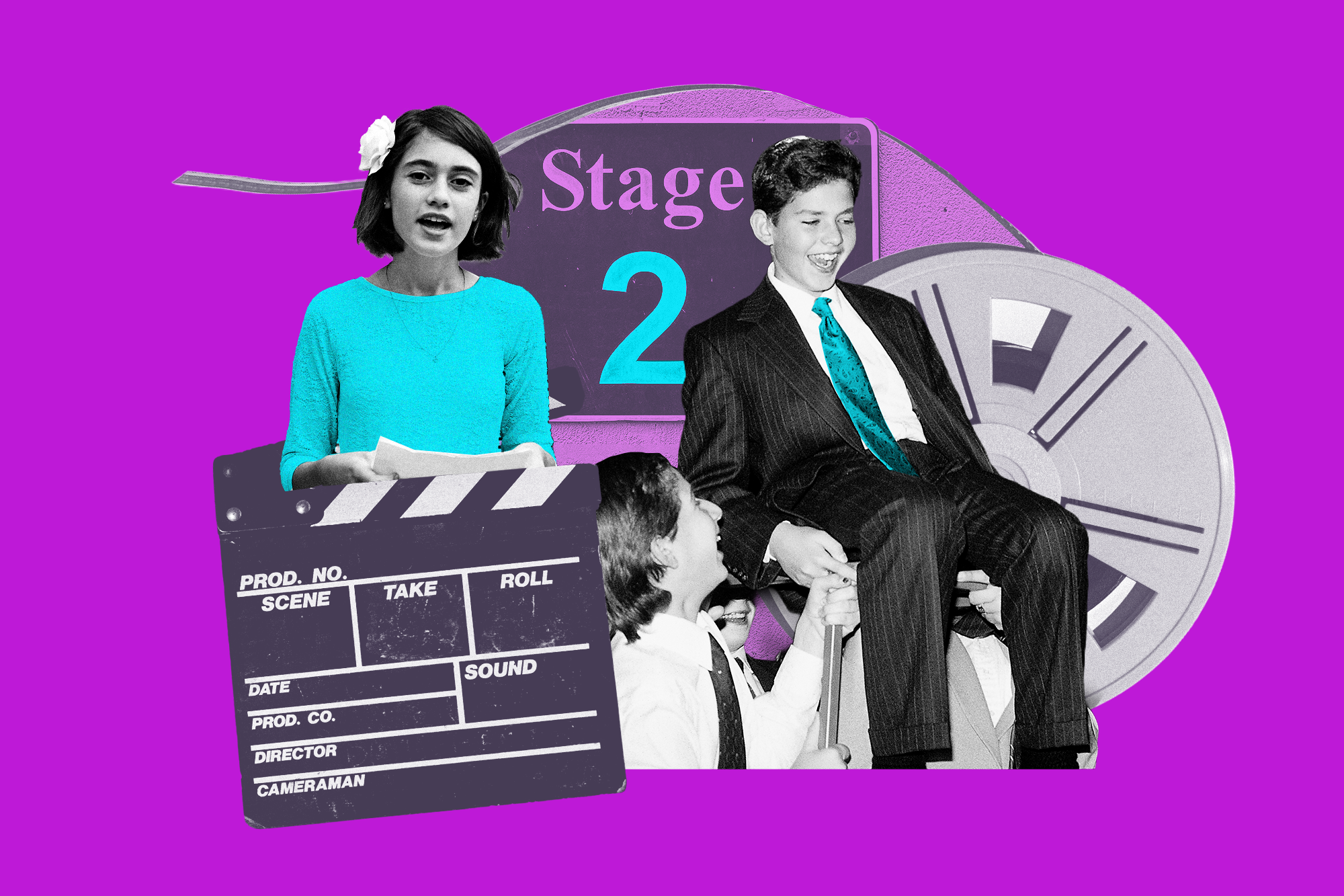 A collage of a girl and a boy celebrating their bat and barmitzvahs among Hollywood items