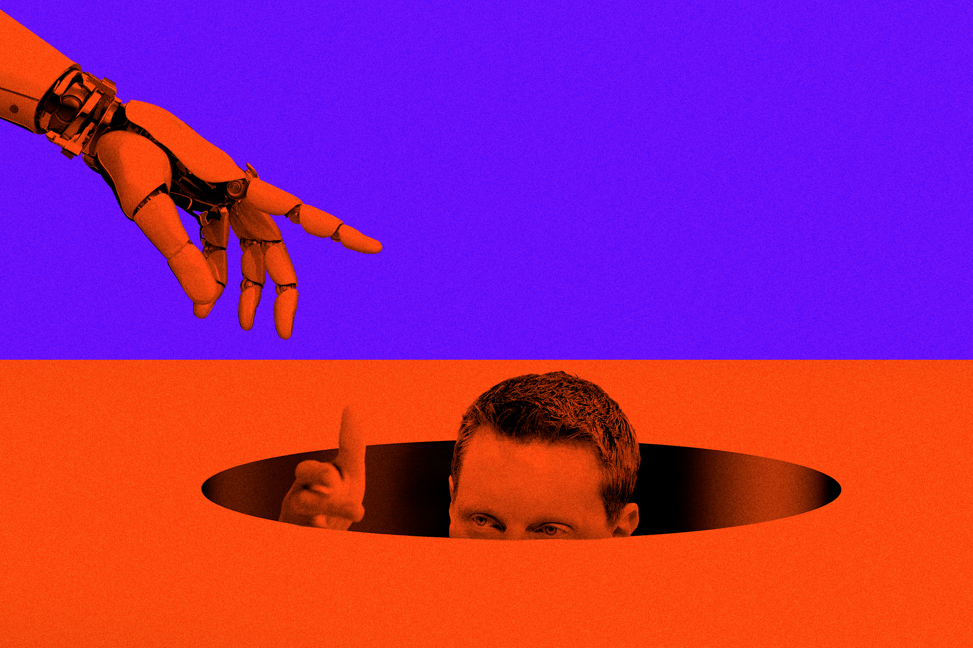 David Ellison's head popping out of a hole, with a robot hand reaching out to help him