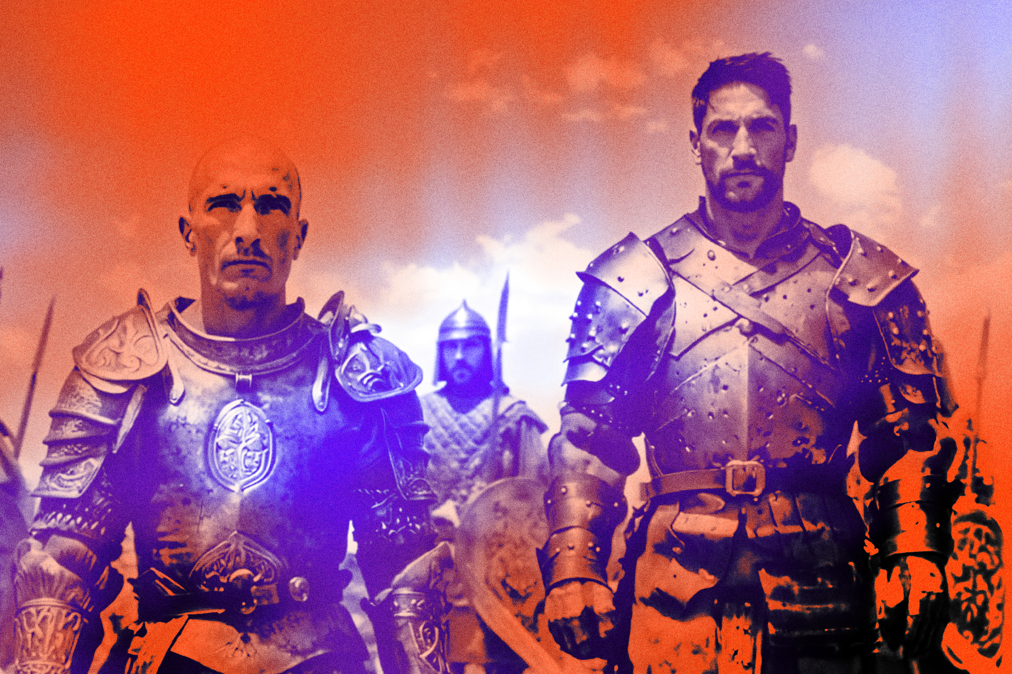 A film still from the AI-generated TV series, 'Castle Walls' featuring two men in armor preparing for battle.