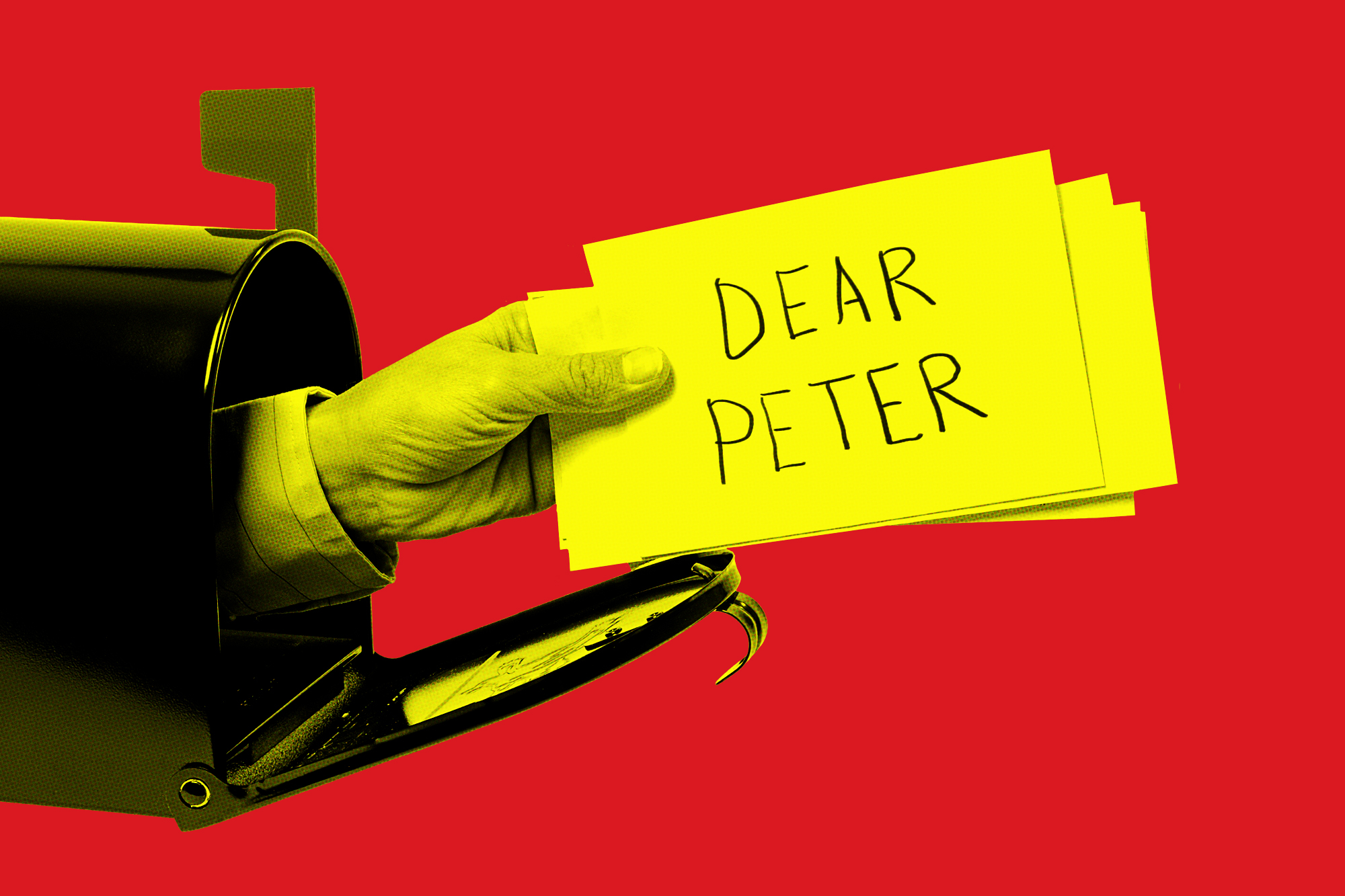 hand reaching out of a mailbox holding a stack of letters addressed "DEAR PETER"
