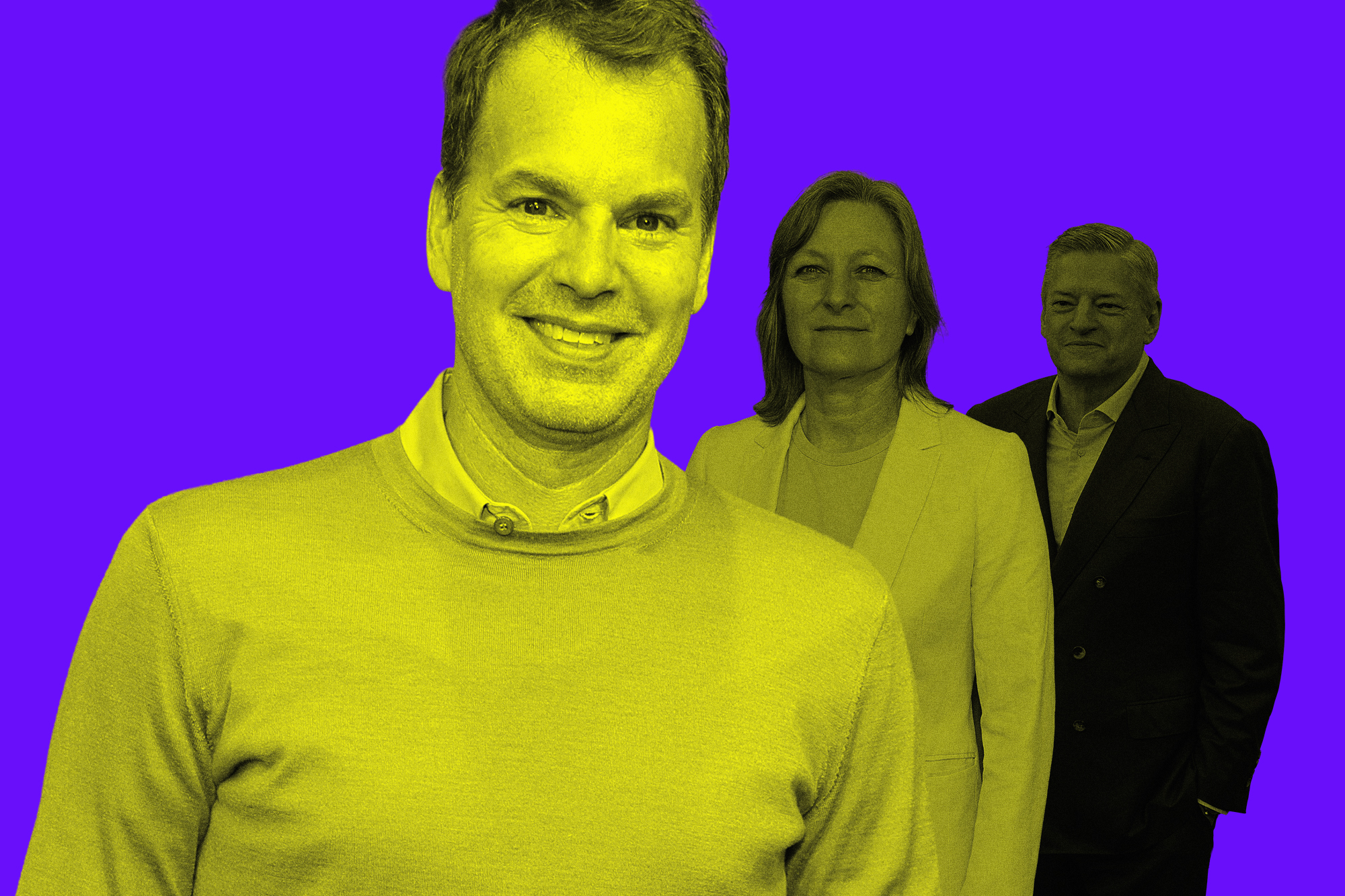 Casey Bloys in front of Cindy Holland and Ted Sarandos